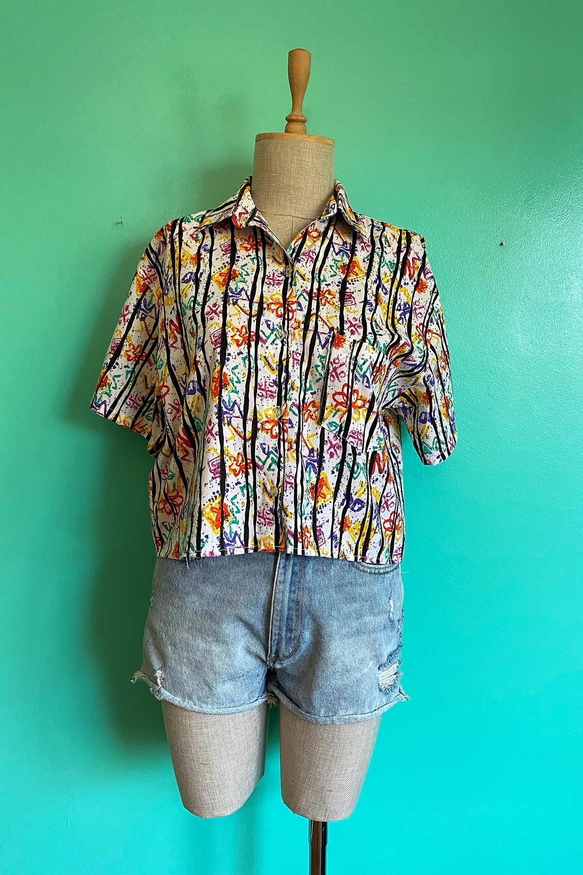 Vintage Desenli Kısa Kol Cotton Gömlek