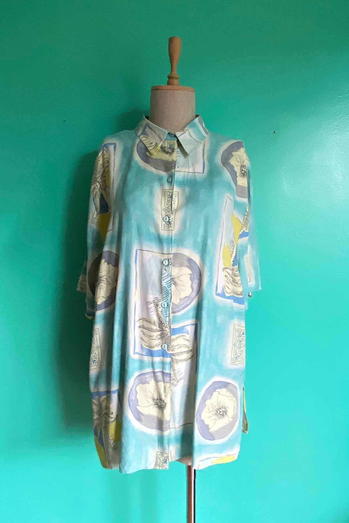 Vintage Desenli Oversize Viskon Gömlek