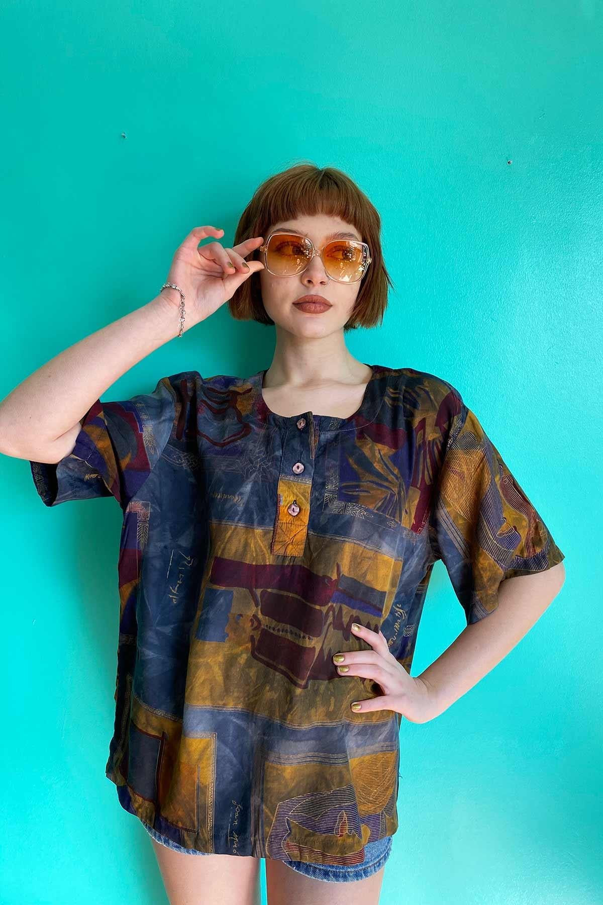 Vintage Desenli Viskon Tshirt