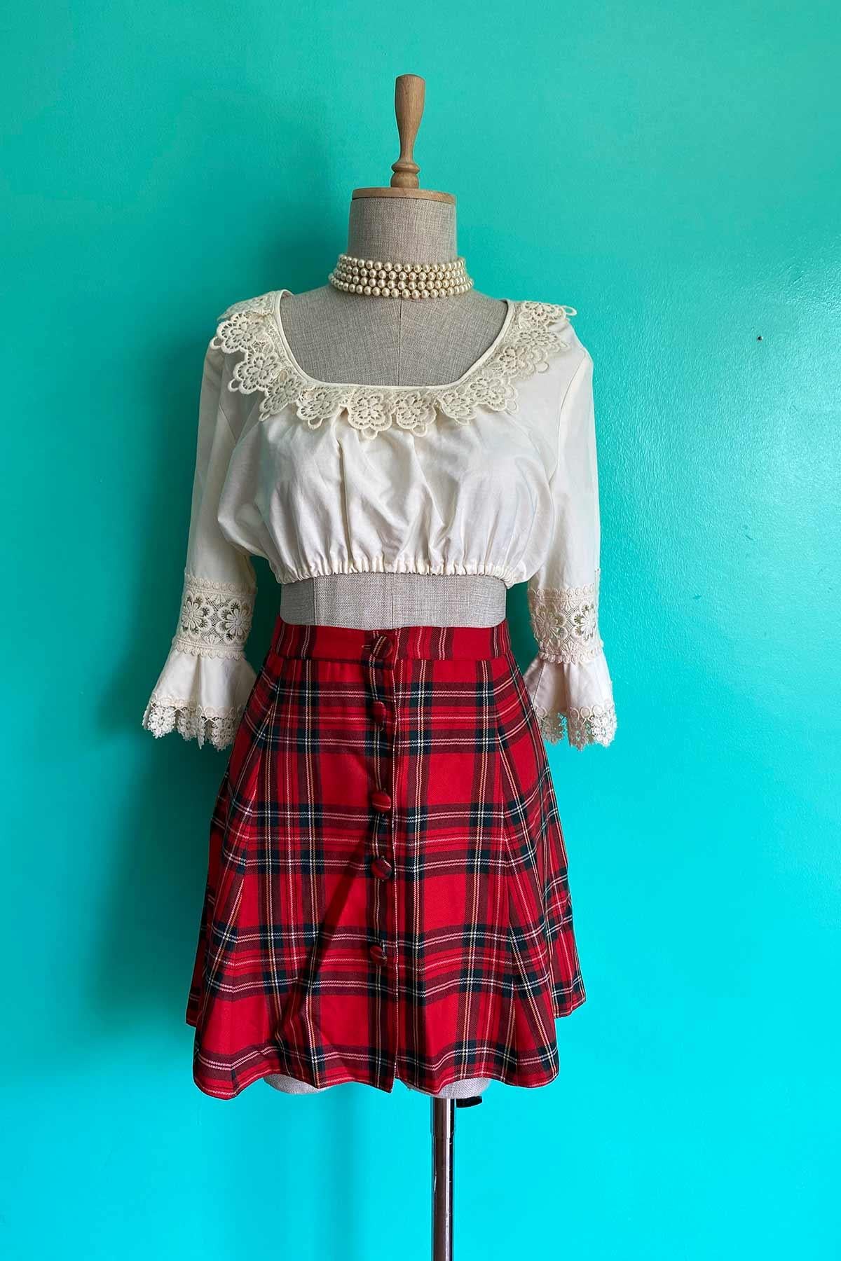 Vintage Düğmeli Ekose Etek