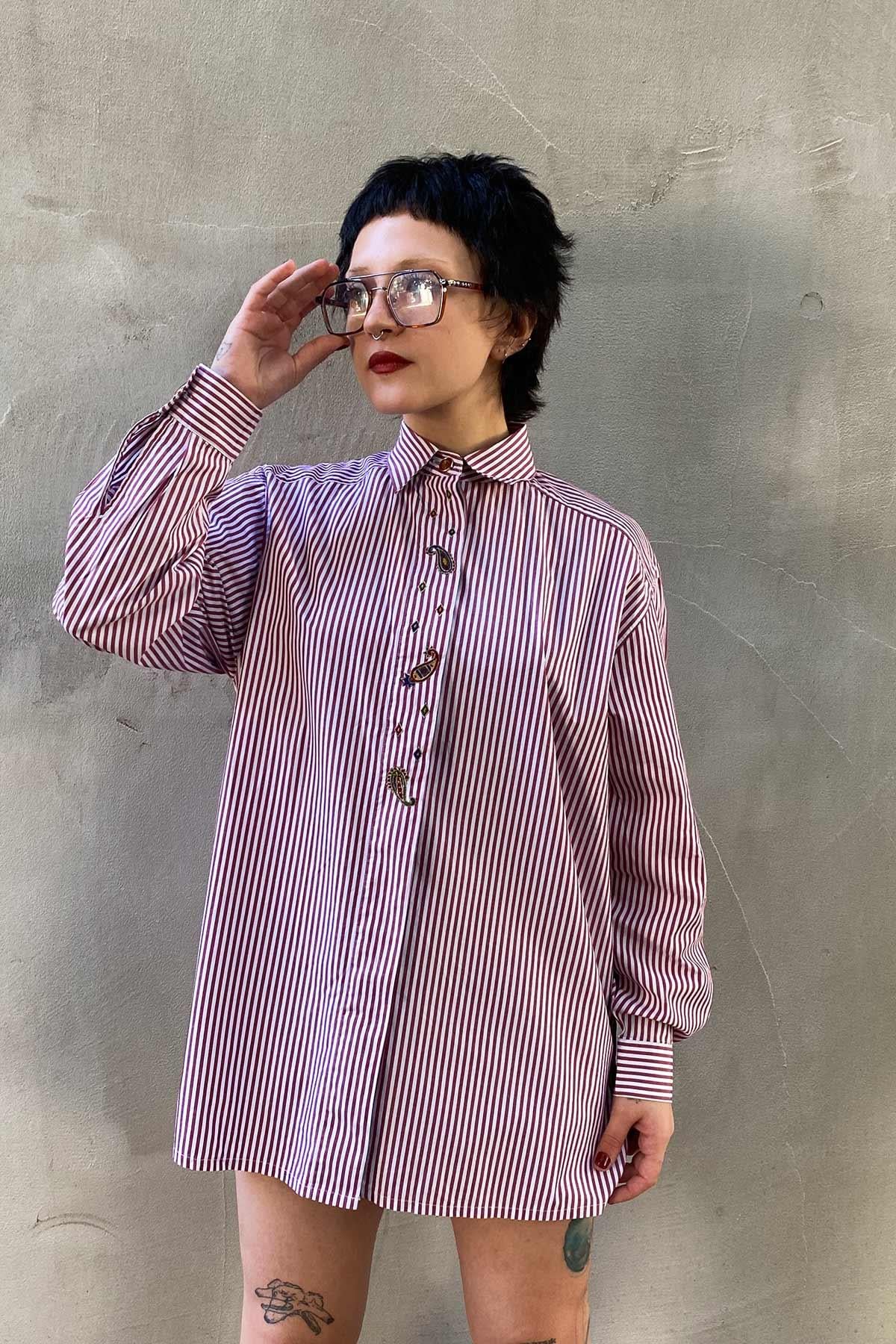 Vintage İşlemeli Çizgili Cotton Gömlek