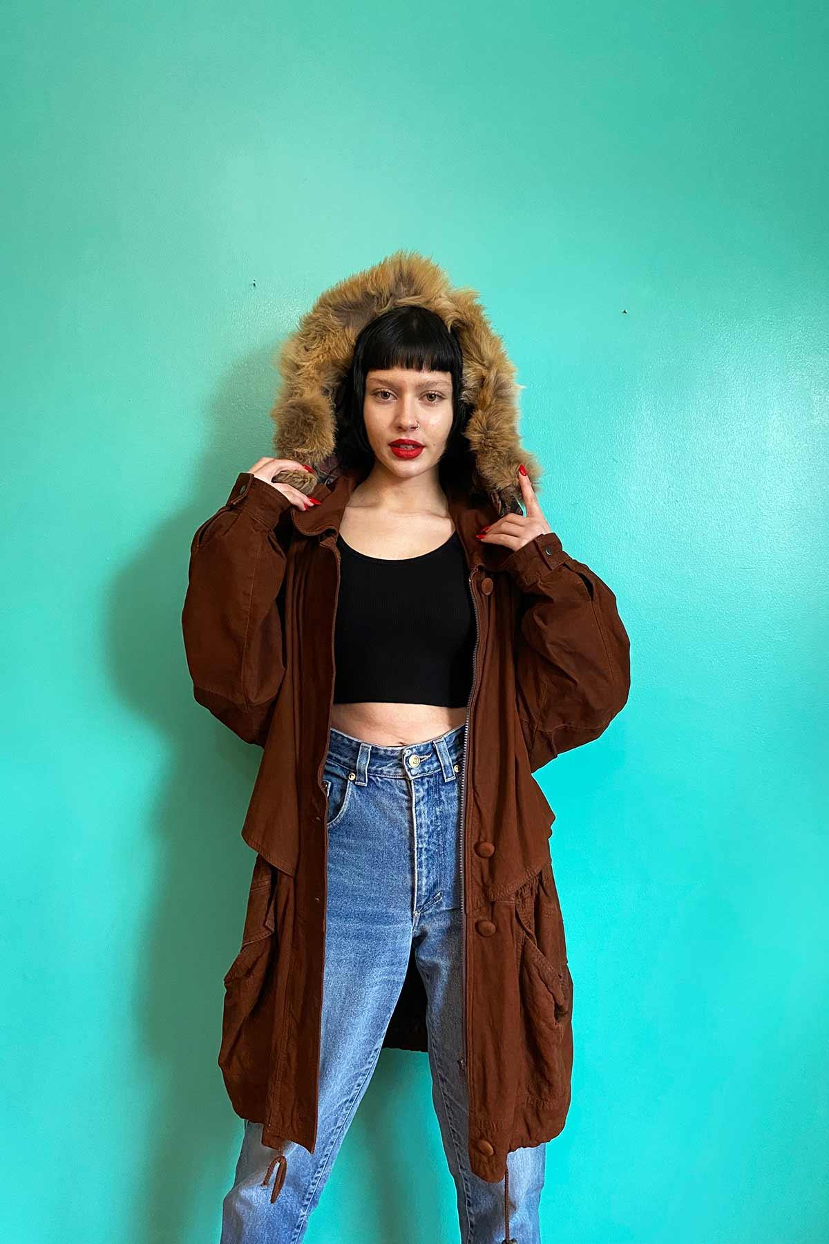 Vintage Kapşonlu Taba Deri Mont