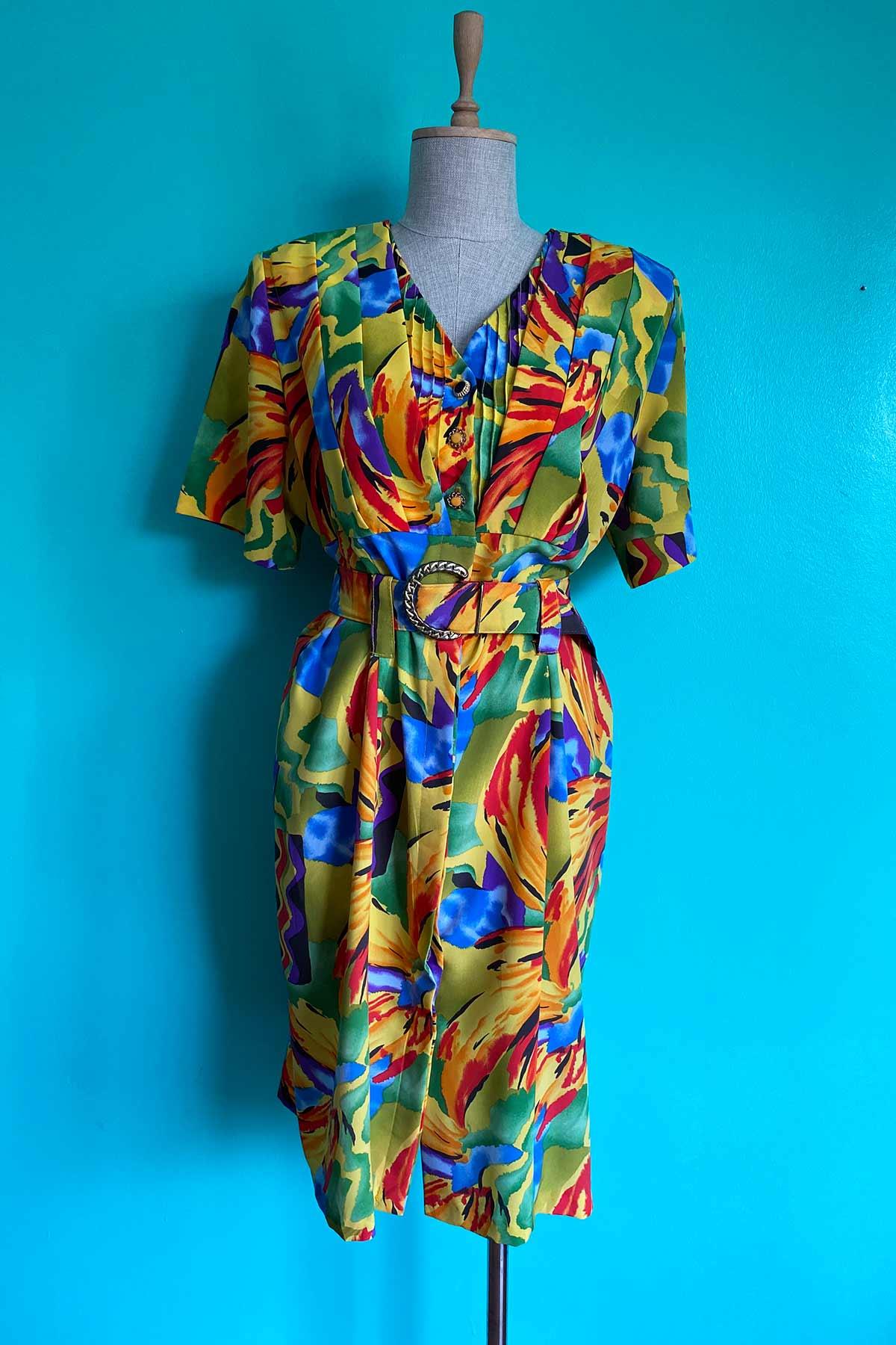 Vintage Kemerli Renkli Elbise