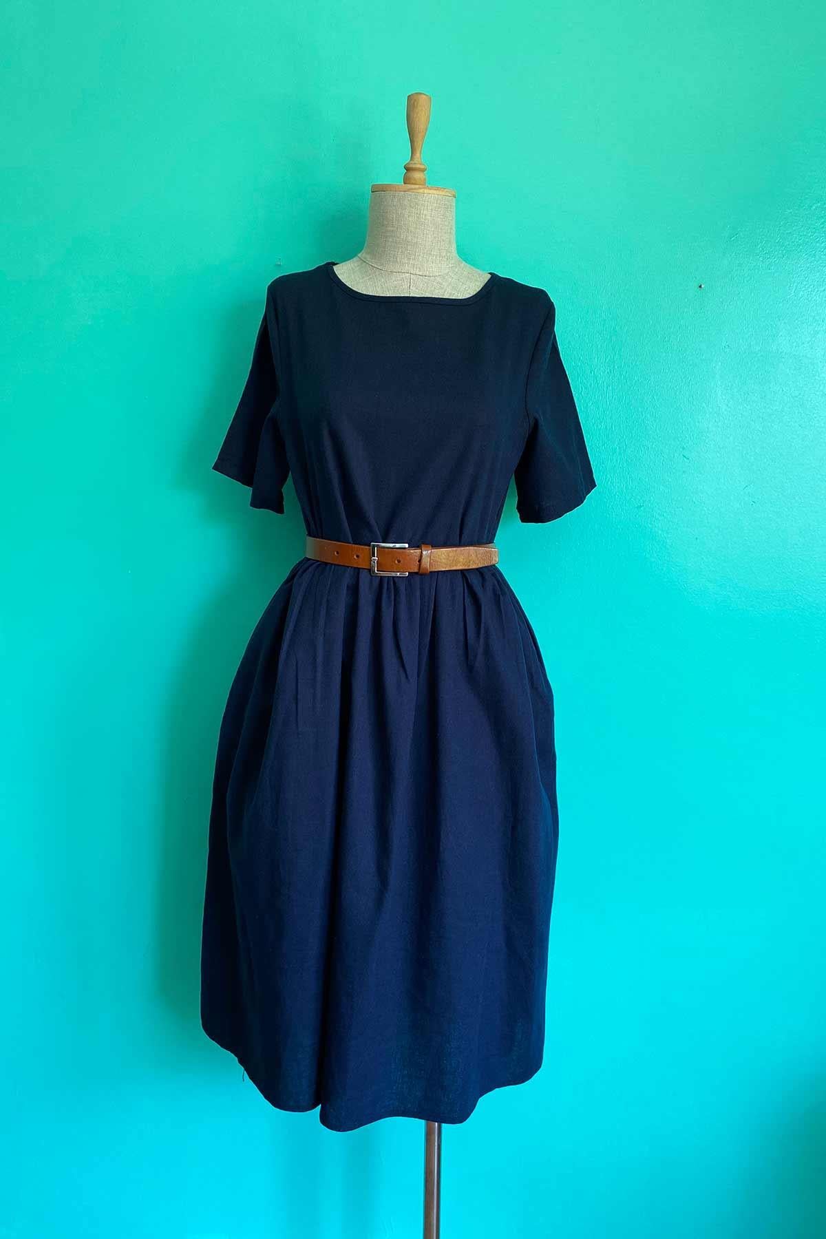 Vintage Keten Lacivert Elbise