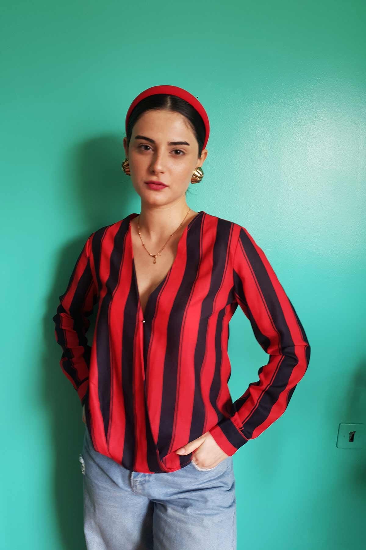 Vintage Kırmızı Siyah Çizgili Gömlek