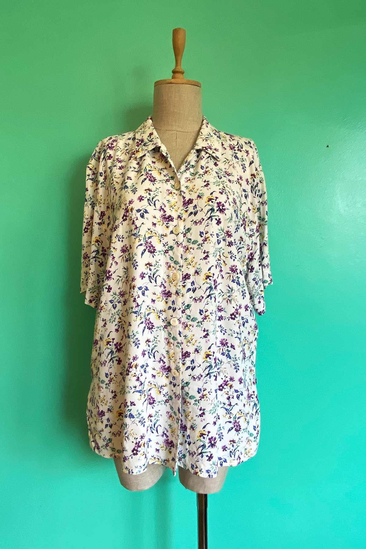 Vintage Kısa Kol Çiçekli Oversize Gömlek