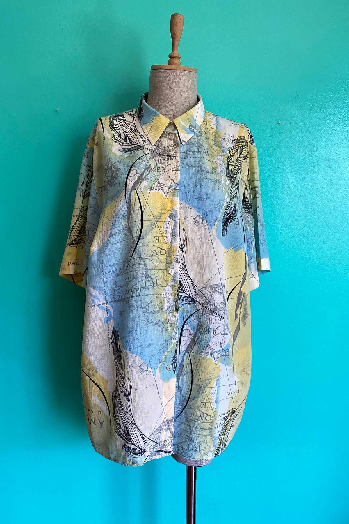 Vintage Kısa Kol Desenli Oversize Gömlek
