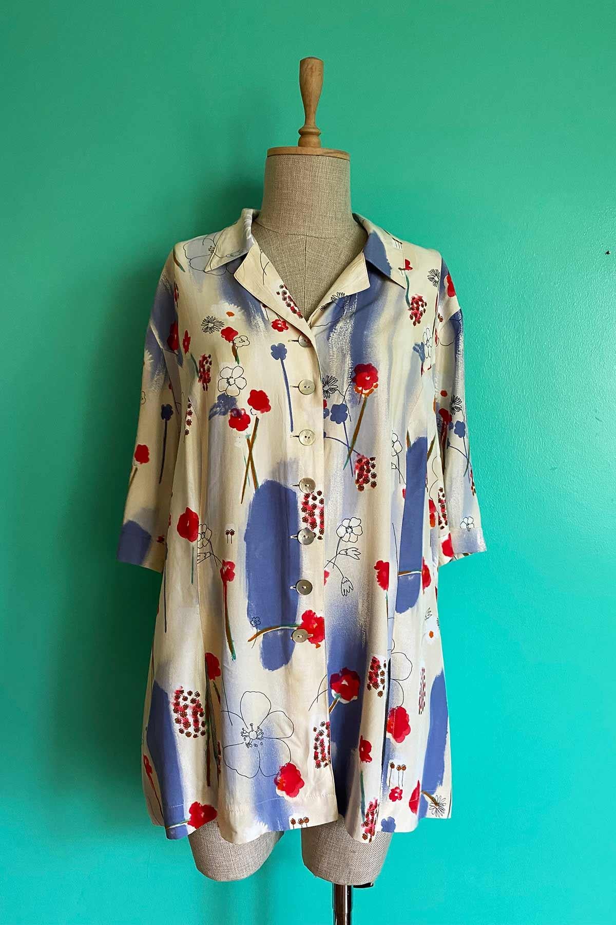 Vintage Kısa Kol Oversize Çiçekli Gömlek