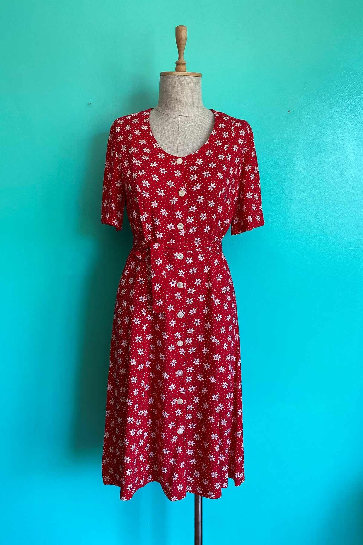 Vintage Kuşaklı Viskon Elbise