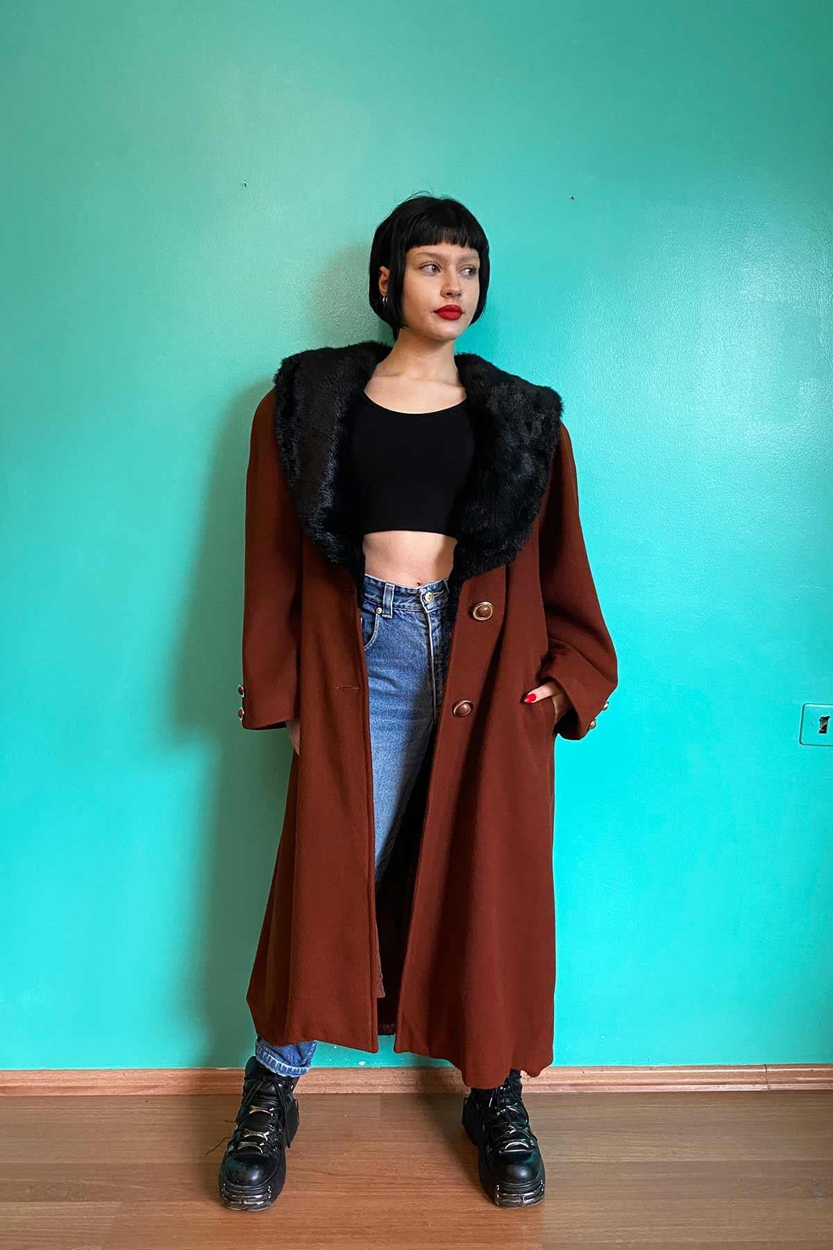 Vintage Maxi Peluş Yaka Kiremit  Yün Kaşe Kaban