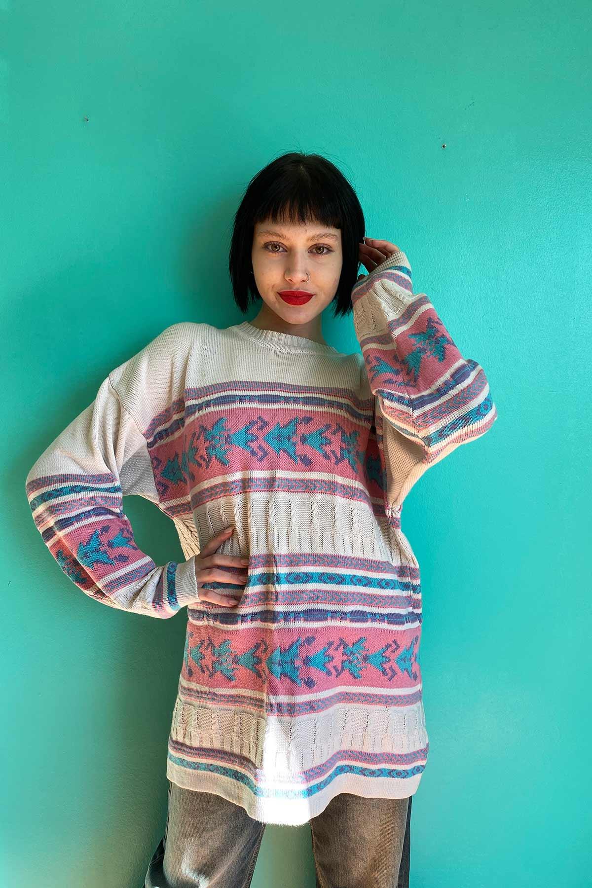 Vintage Oversize Desenli Kazak