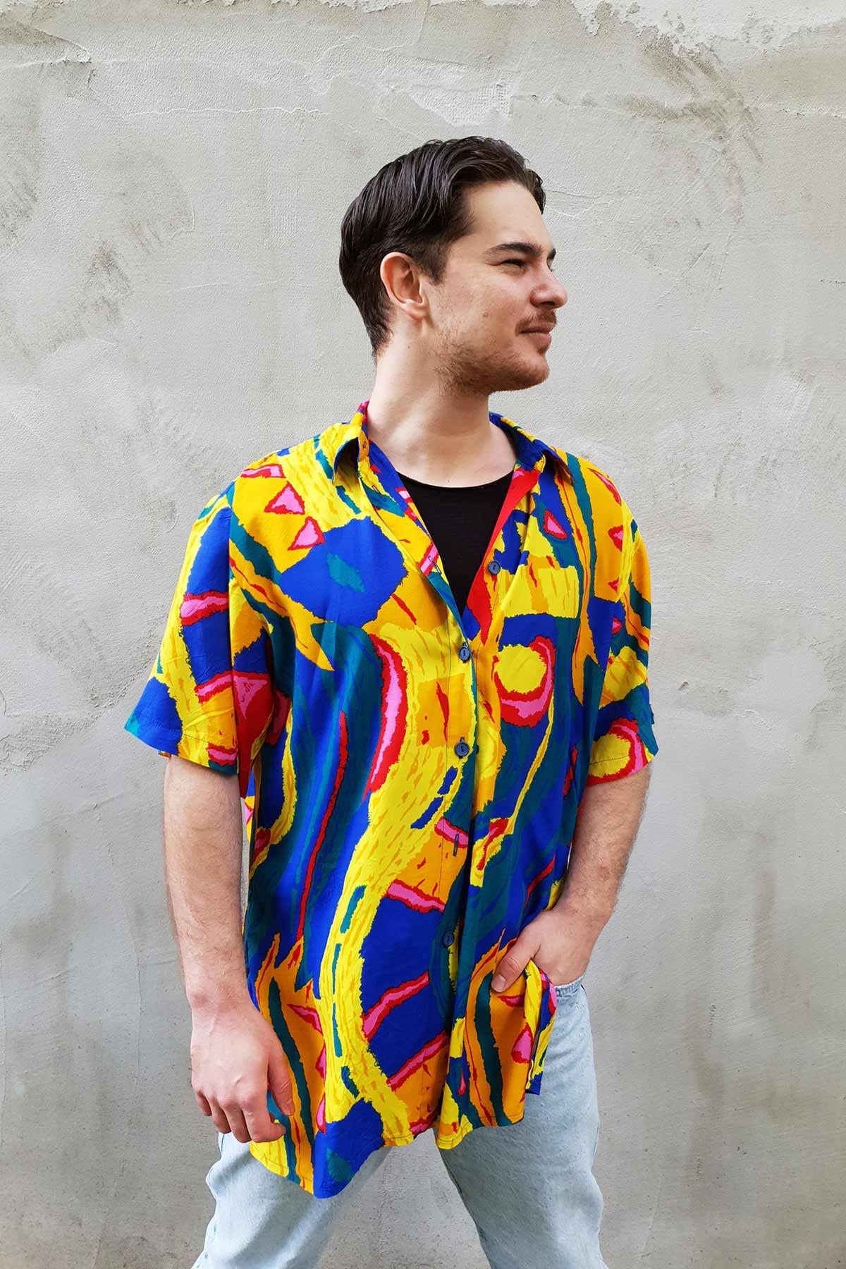 Vintage Oversize Renkli Viskon Gömlek