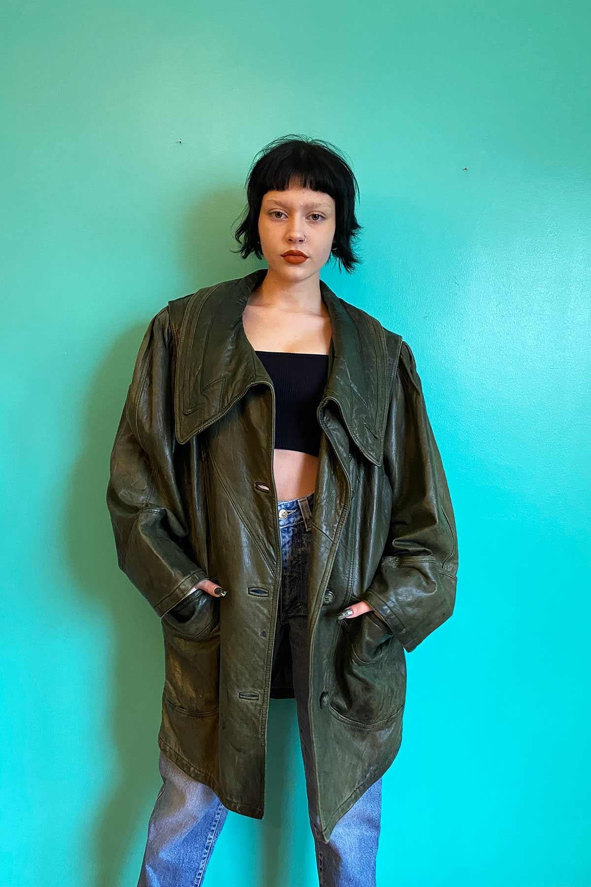 Vintage Oversize Yeşil Deri Kaban