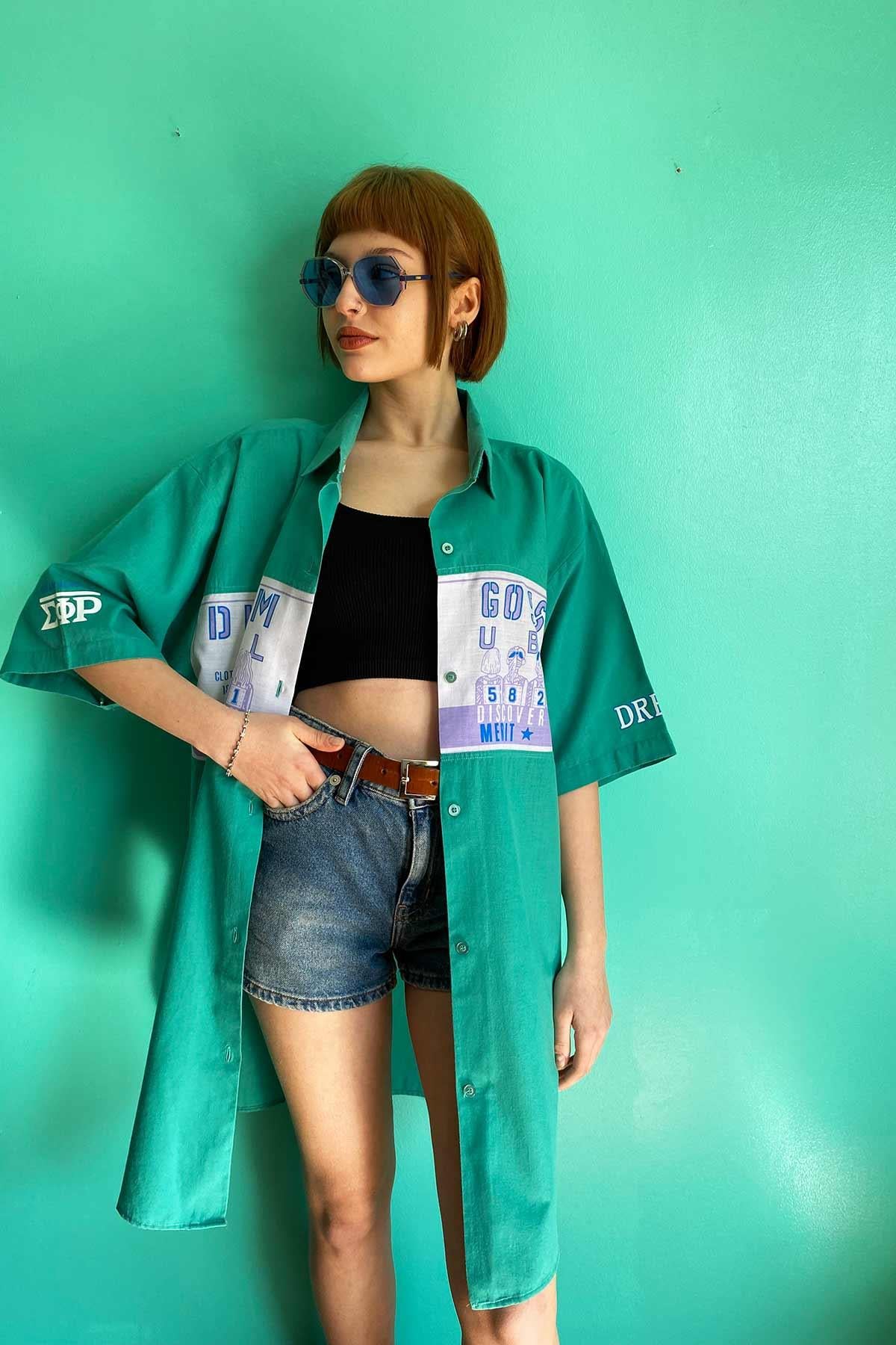 Vintage Oversize Yeşil Uzun Gömlek