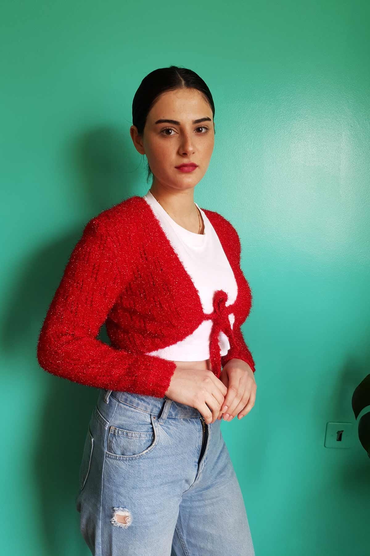 Vintage Parlak Kırmızı Yün Hırka