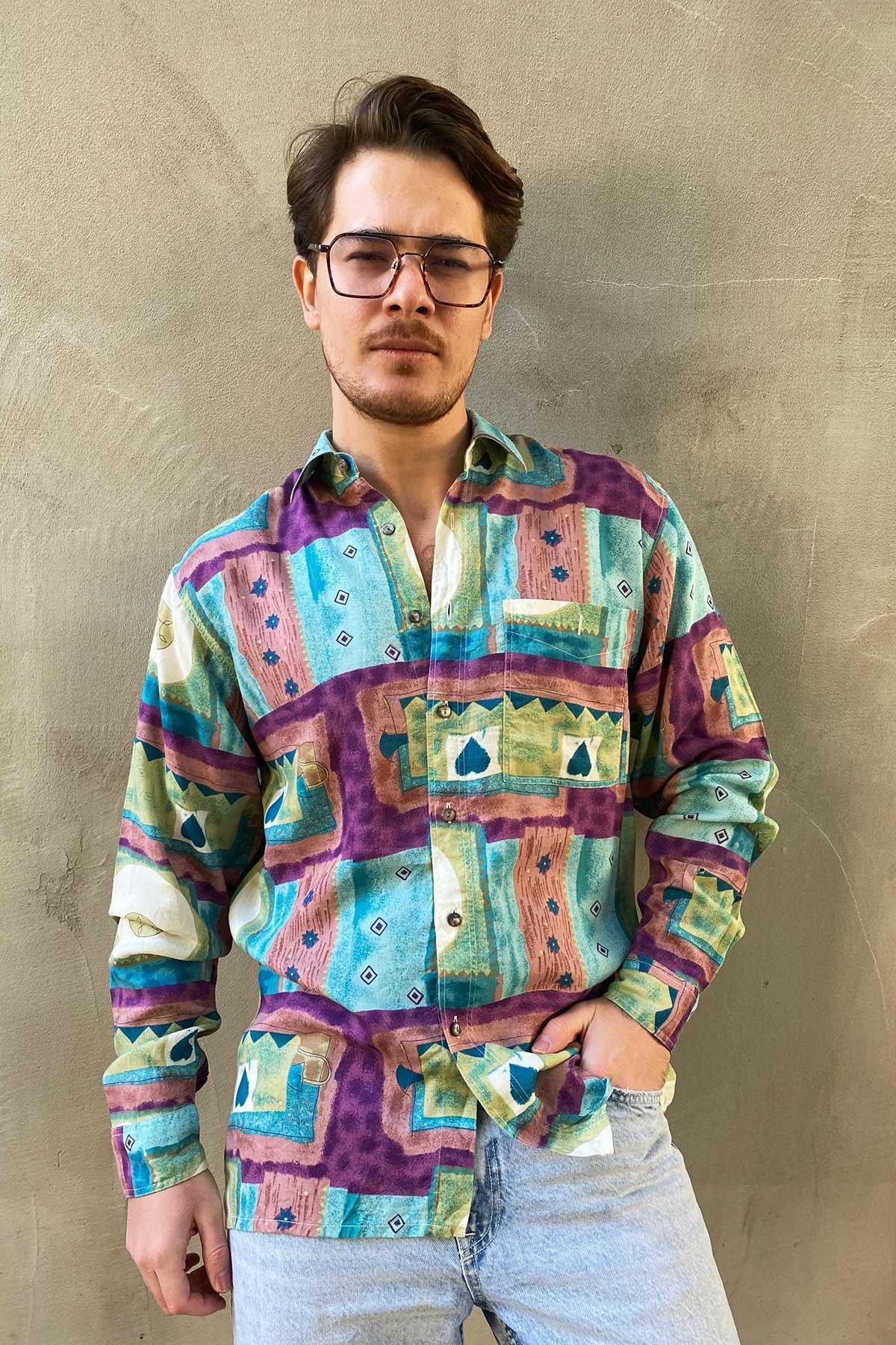 Vintage Renkli Viskon Gömlek
