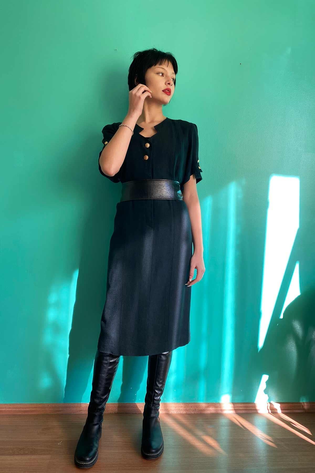 Vintage Siyah Keten Elbise