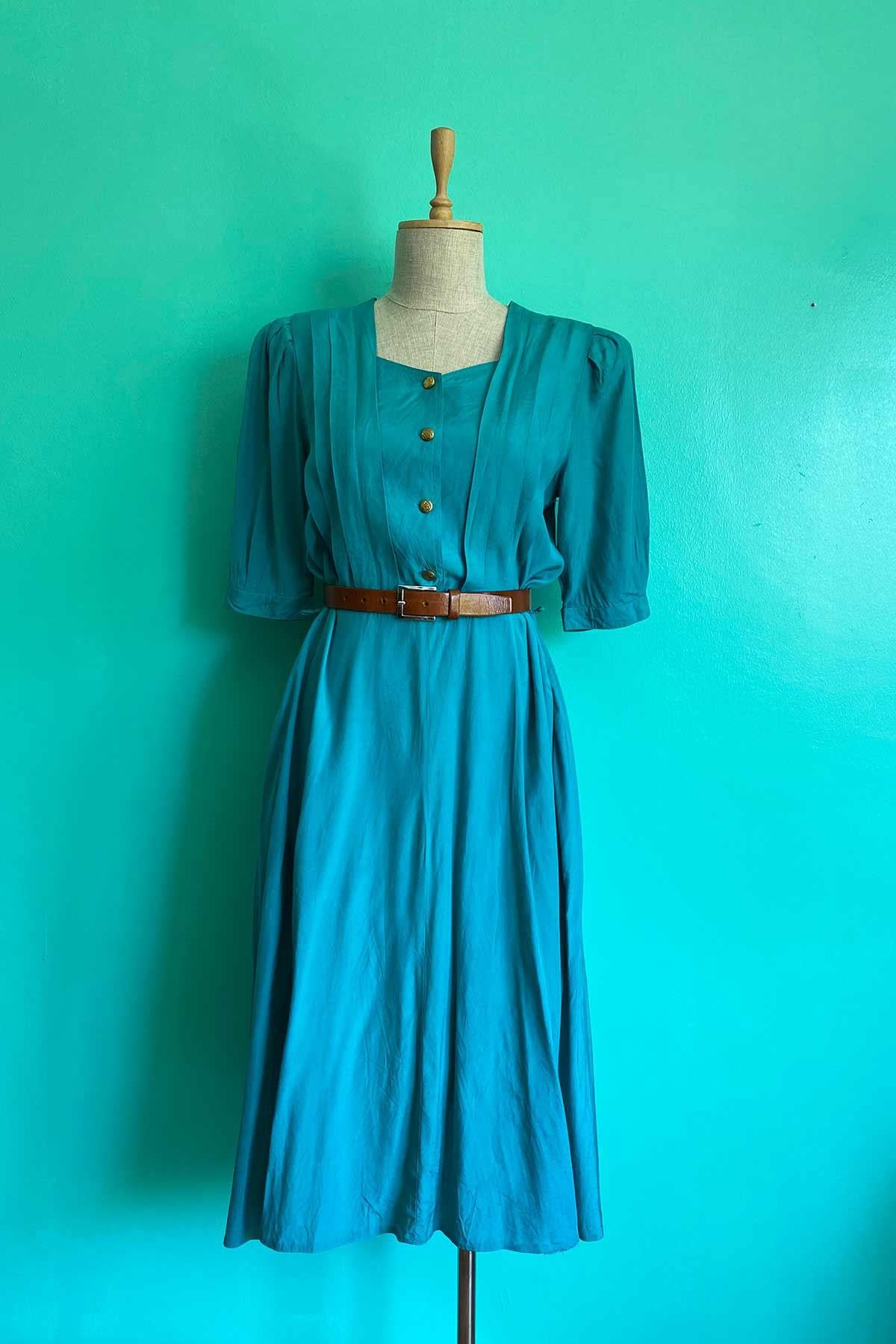 Vintage Turkuaz Viskon Elbise