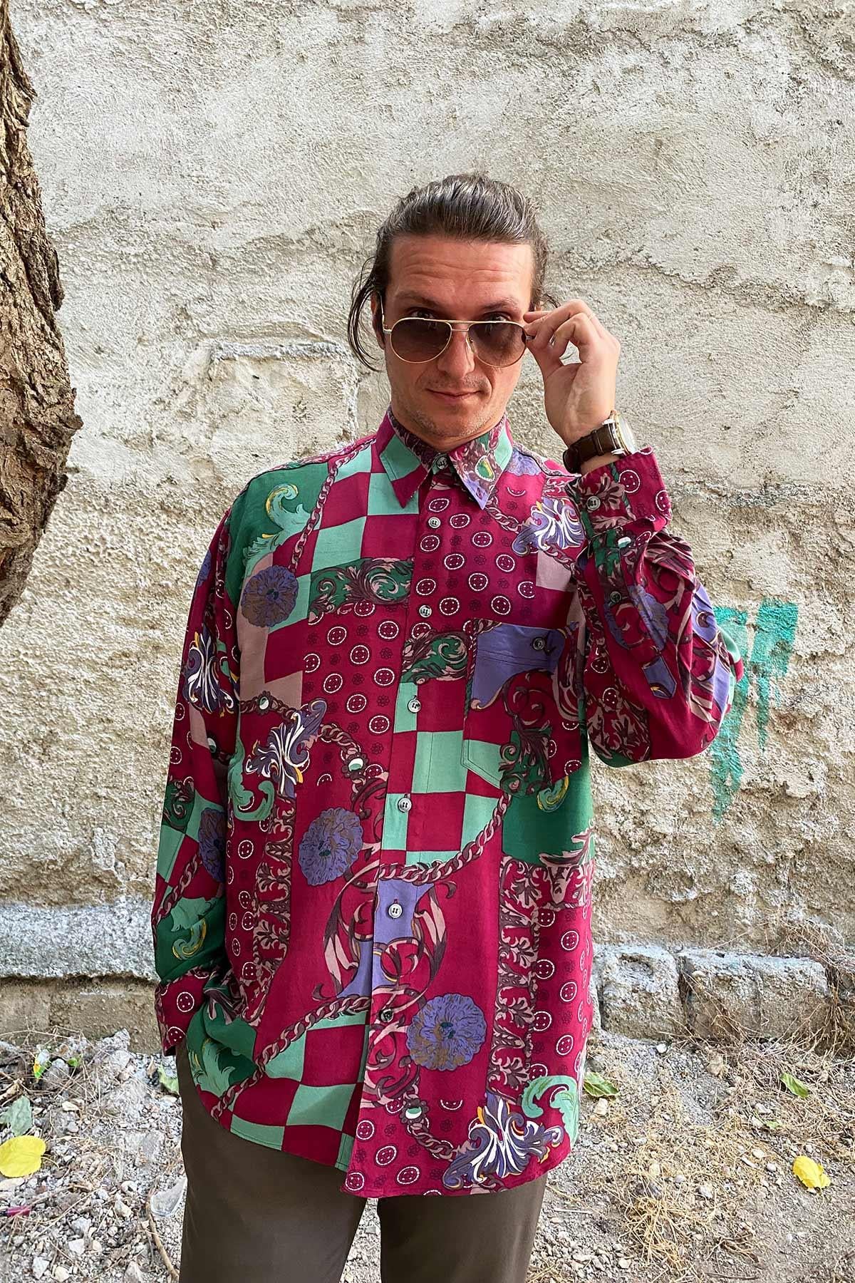 Vintage Uzun Kol Desenli Viskon Gömlek