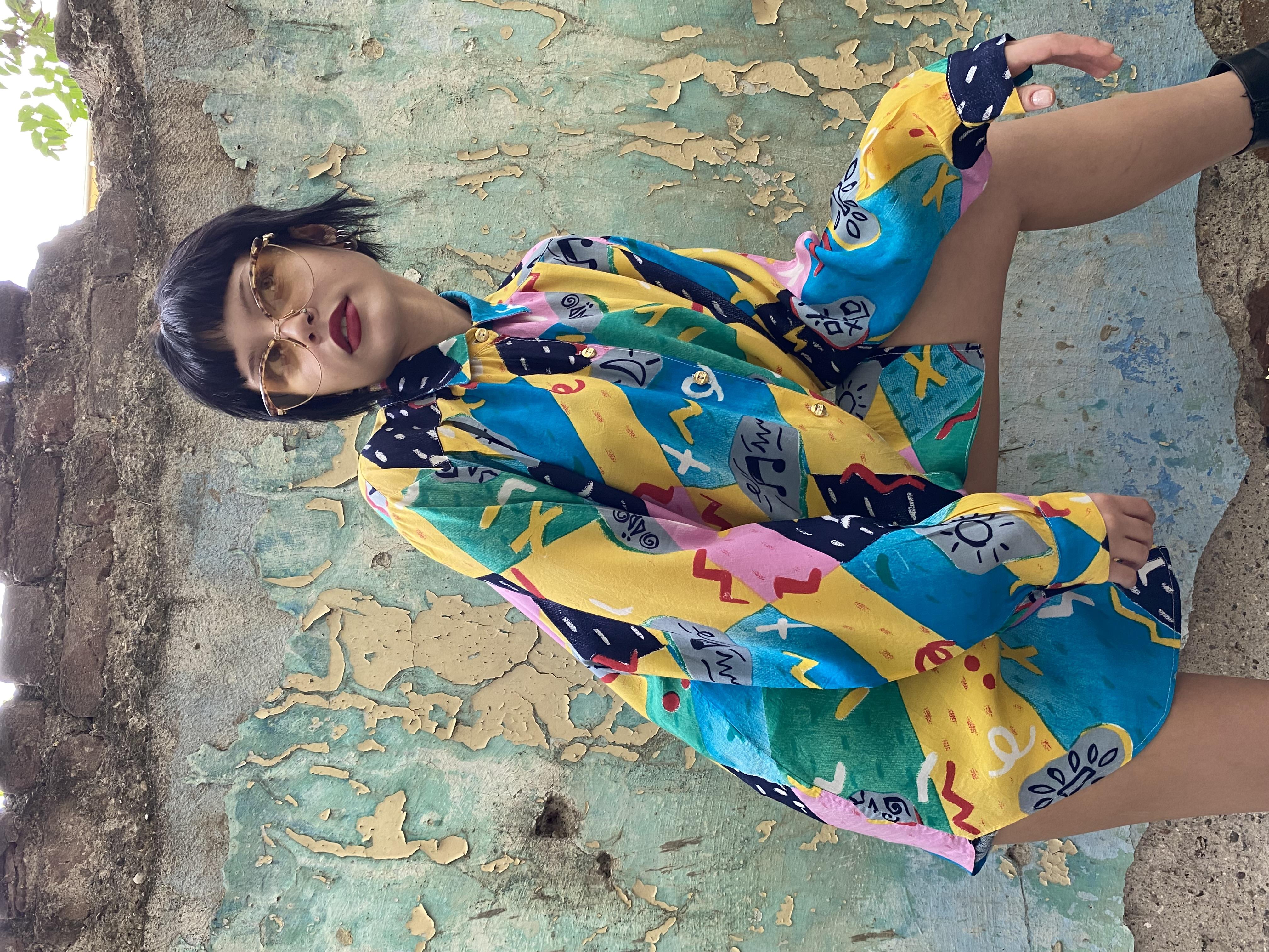 Vintage 90lar Renkli Viskon Gömlek