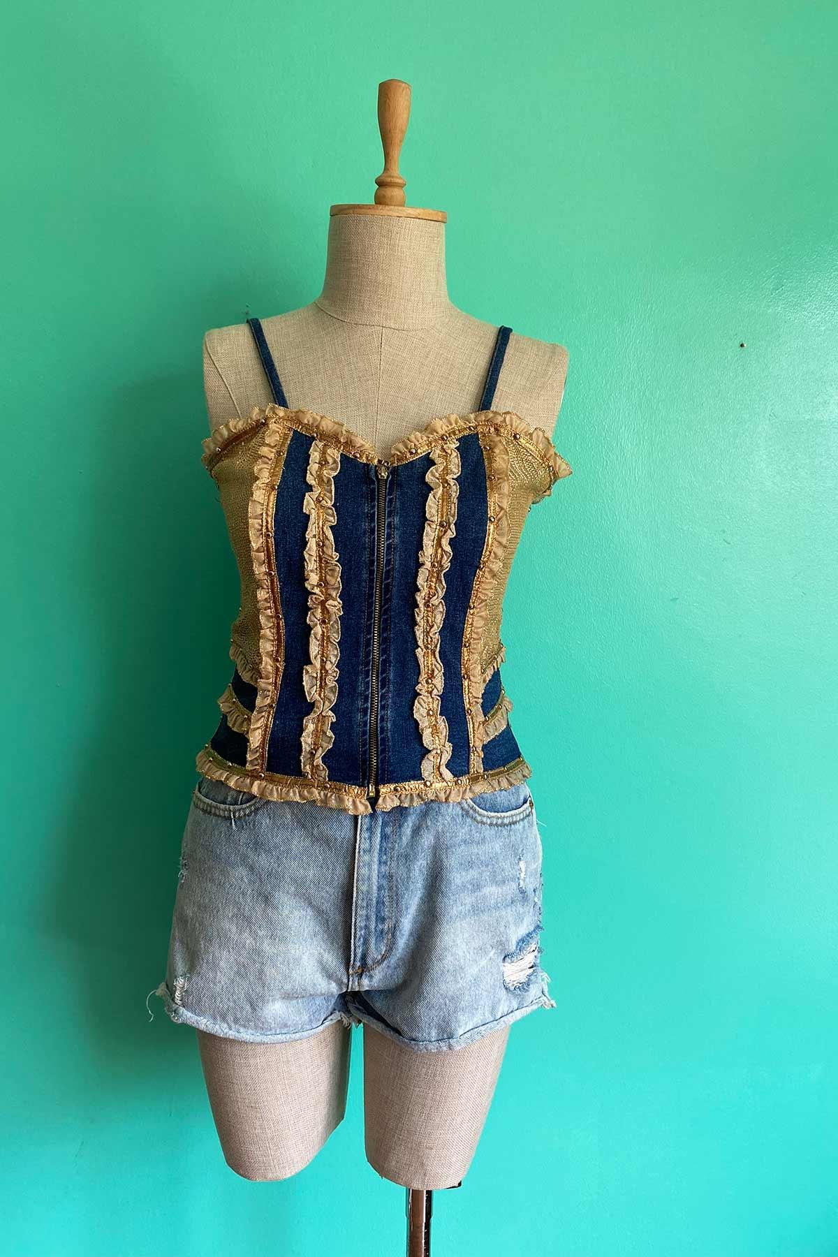 Vintage Askılı Kot Crop Bluz