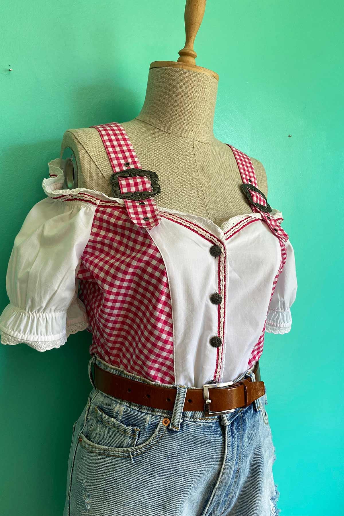 Vintage Bavyera Bluz Pembe Beyaz Pötikare
