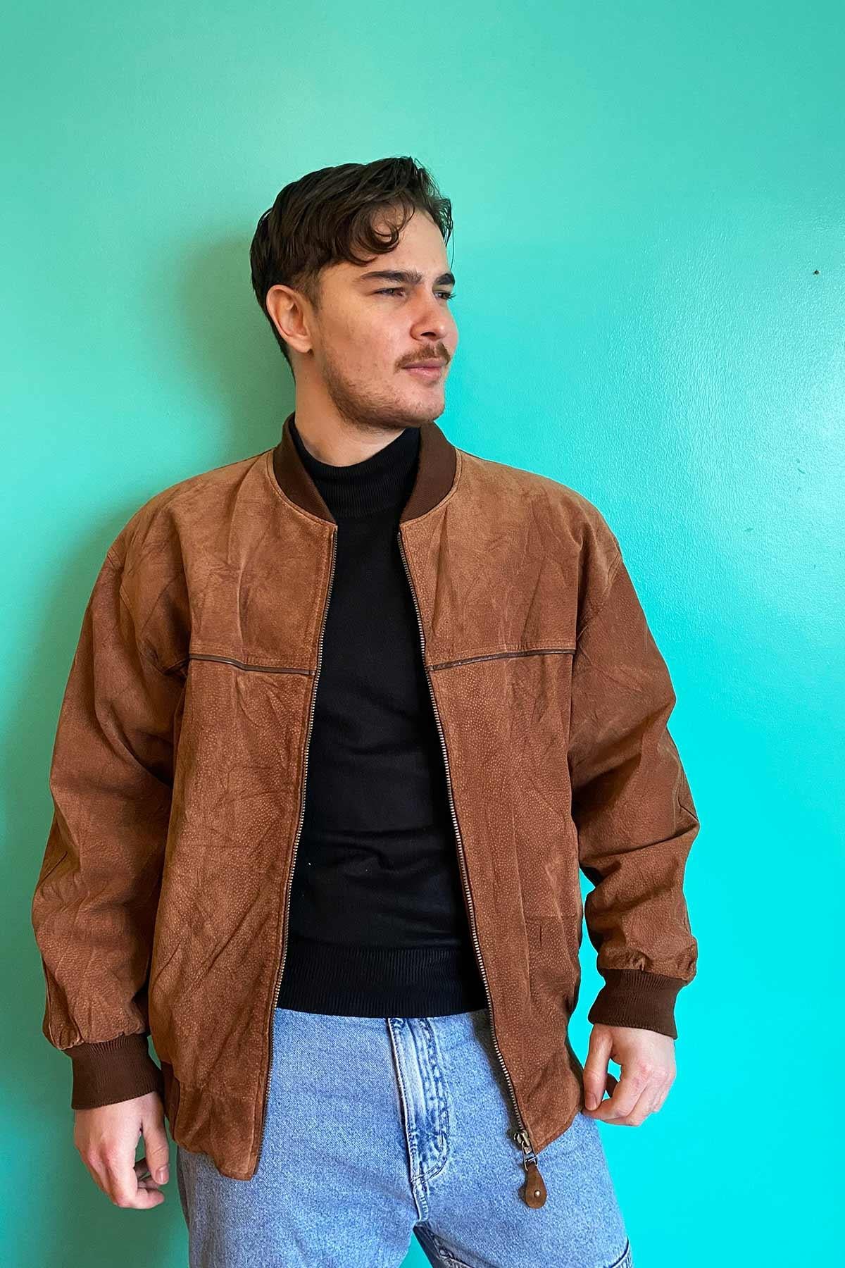 Vintage Bomber Taba Süet Deri Ceket