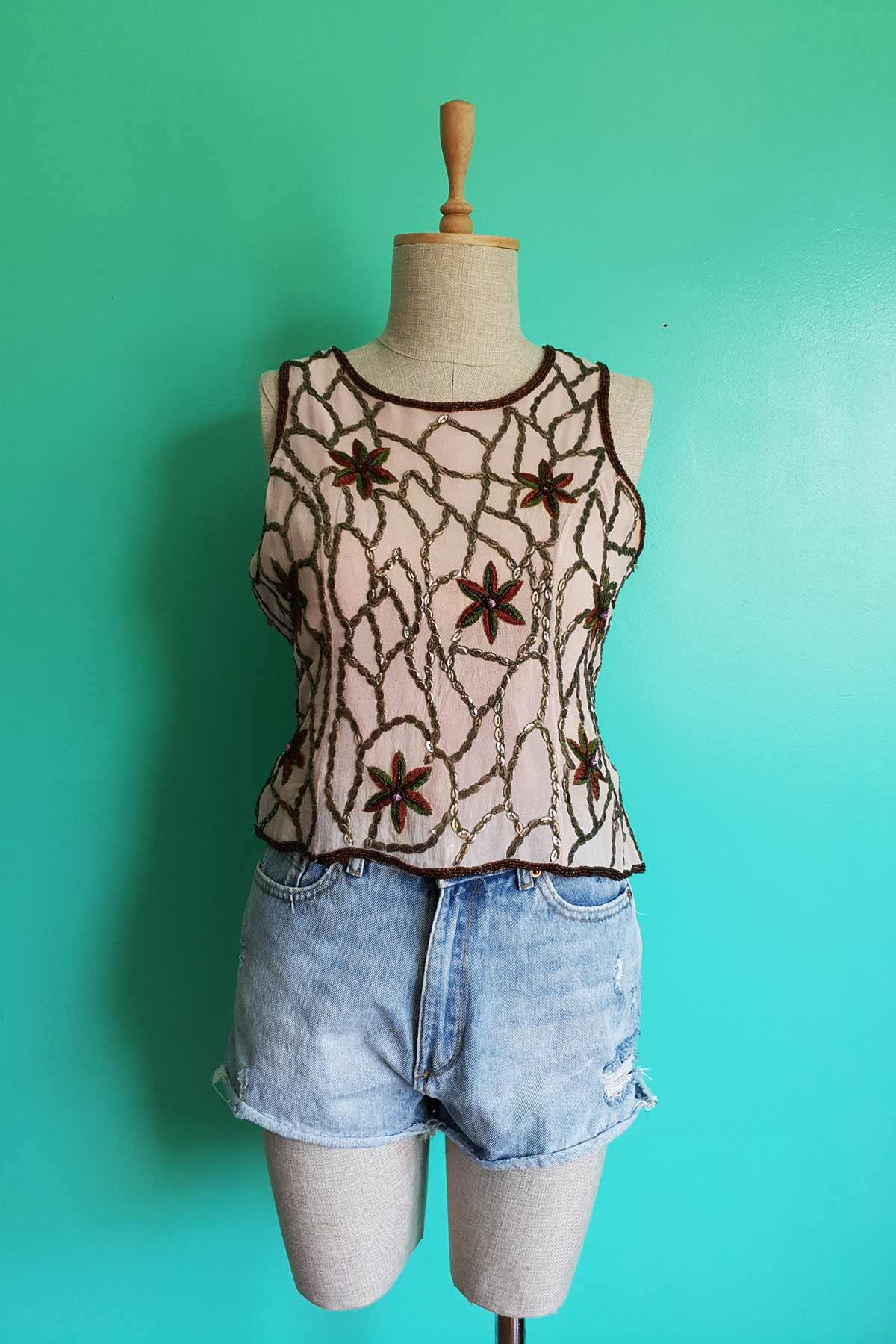 Vintage Boncuk İşlemeli Bluz