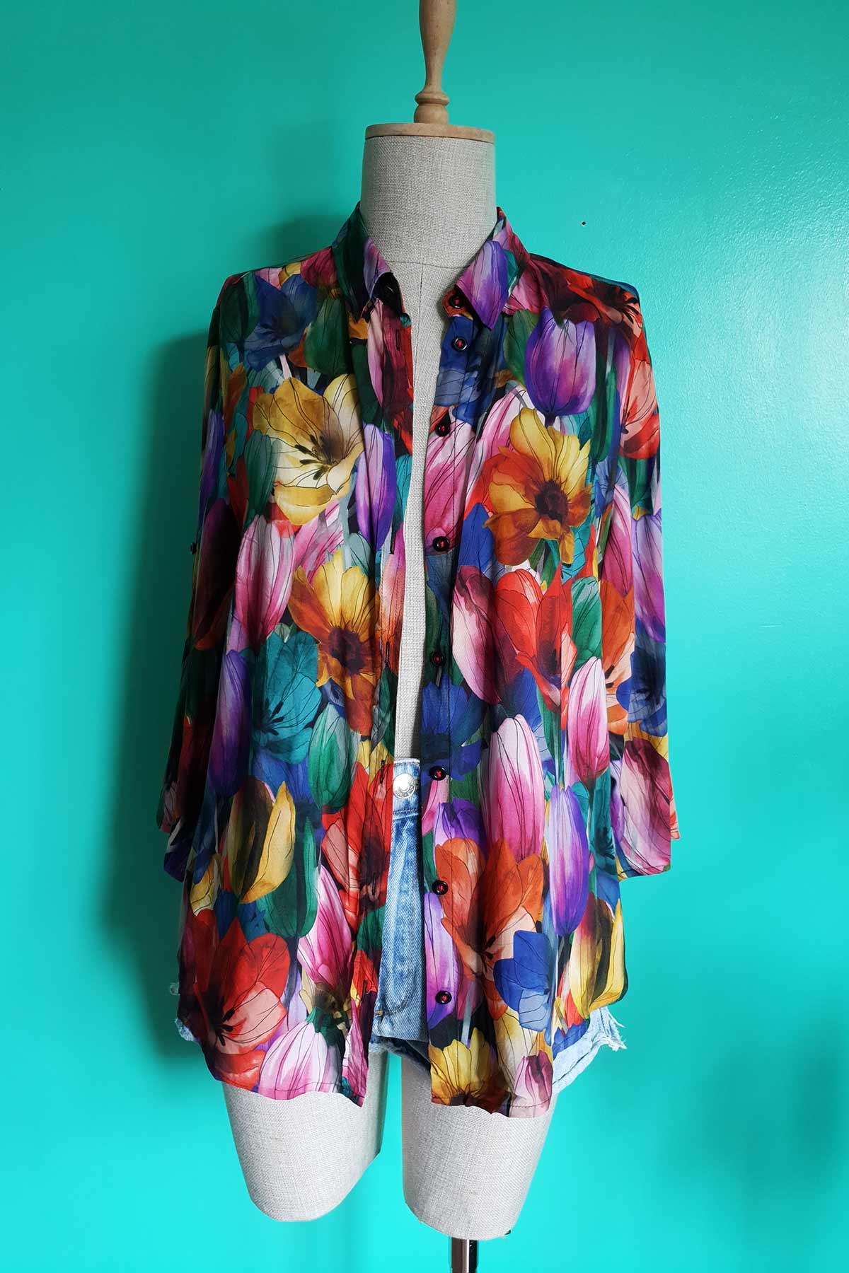Vintage Çiçek Desenli Oversize Gömlek