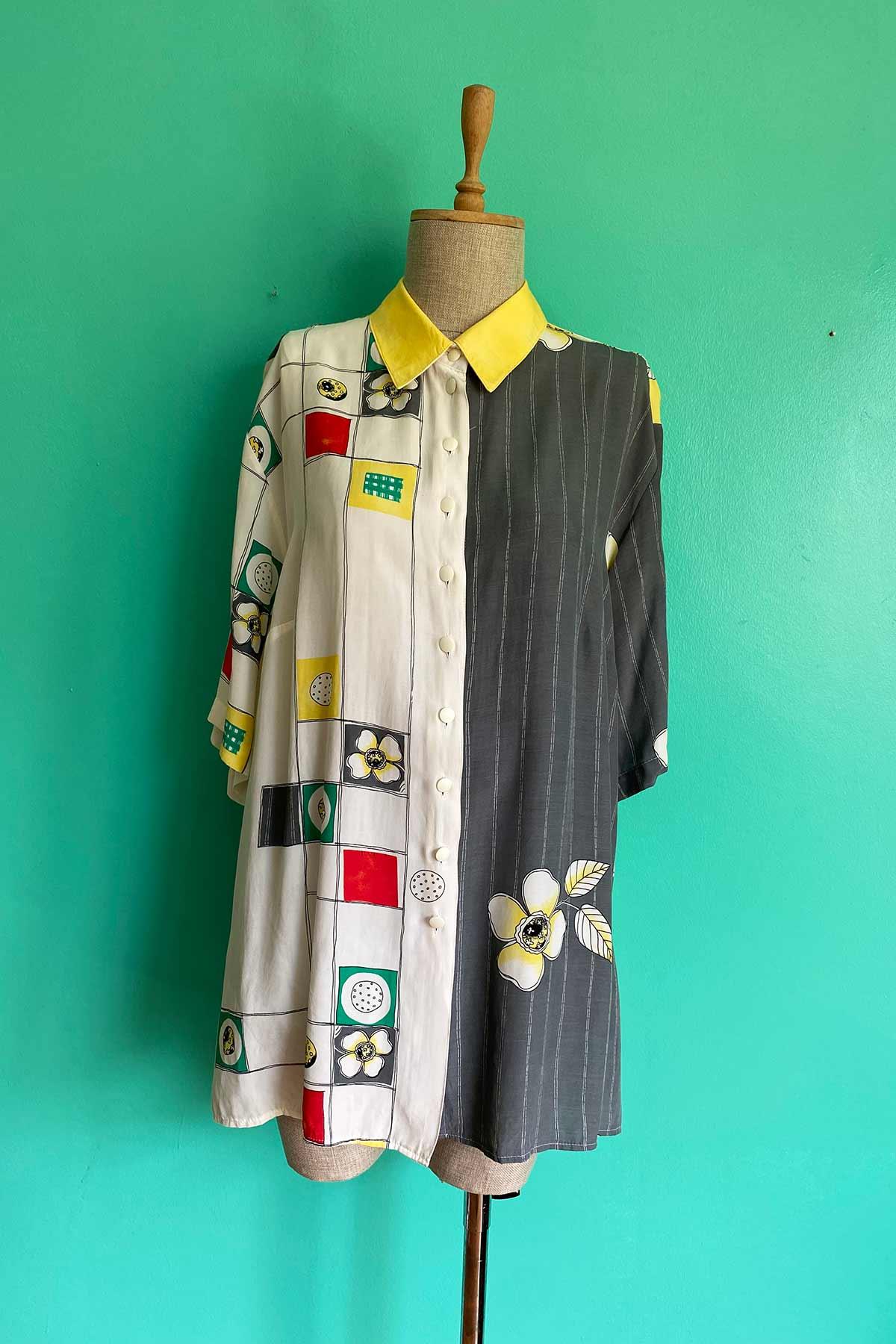 Vintage Çiçek Desenli Oversize Viskon Gömlek