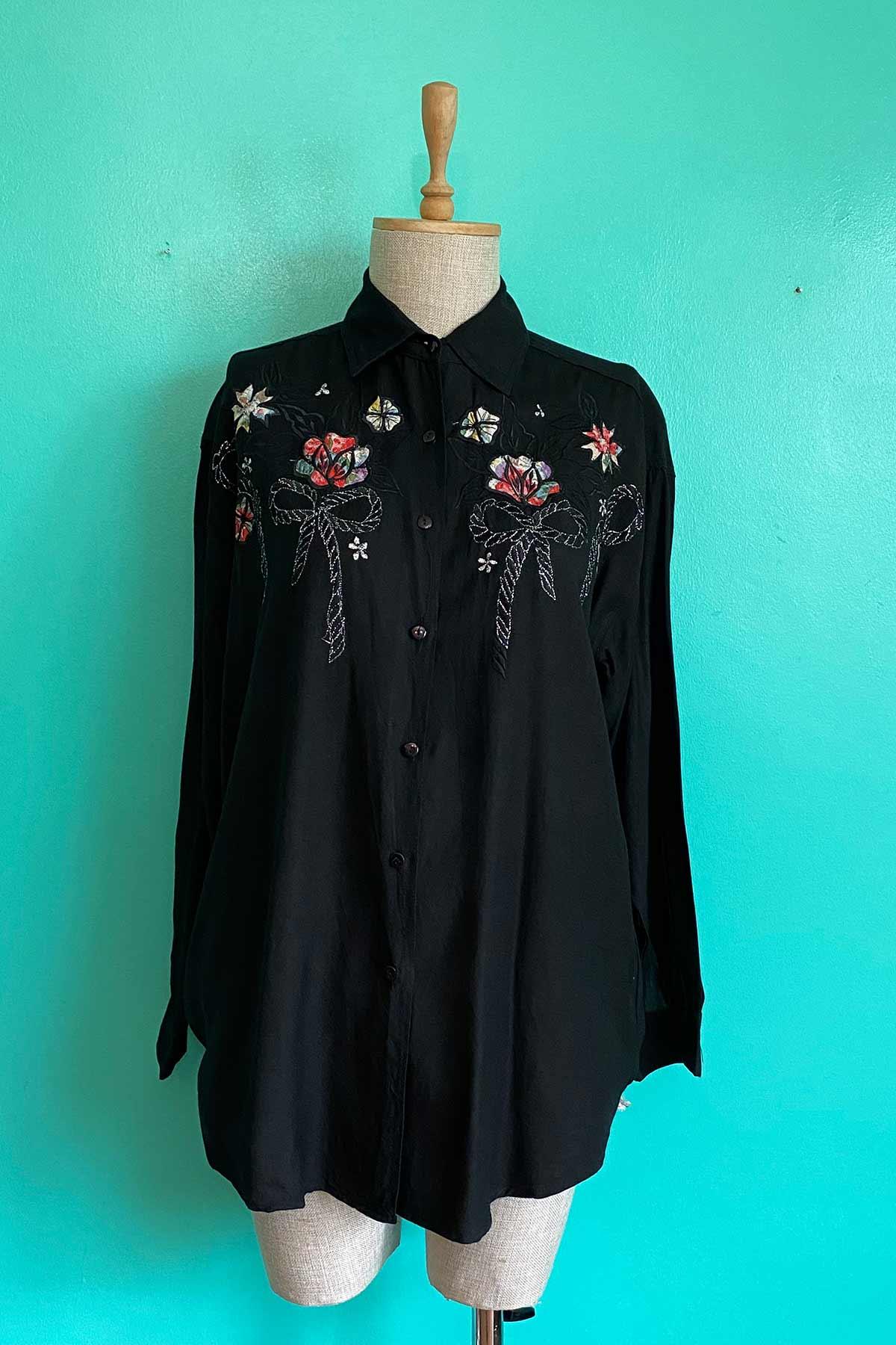 Vintage Çiçekli Siyah Viskon Gömlek