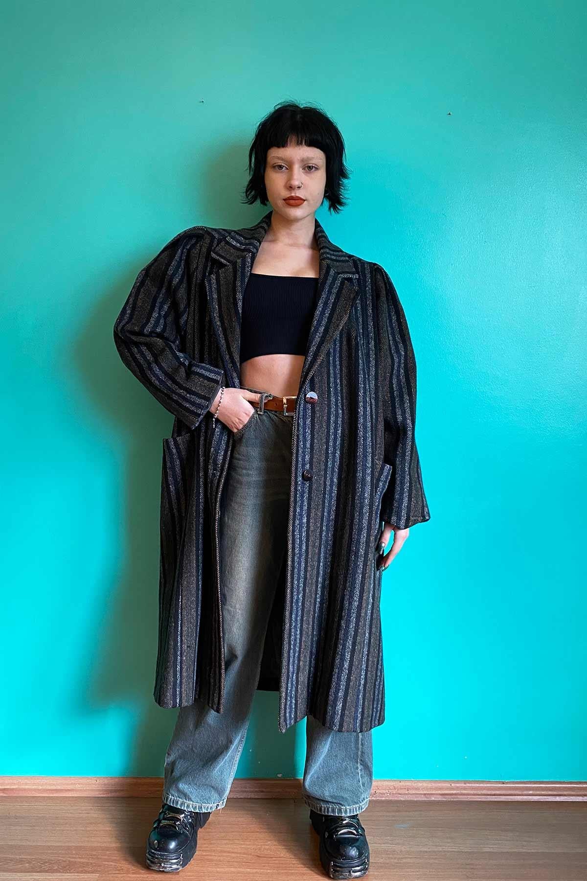 Vintage Çizgili Yün Kaşe Kaban
