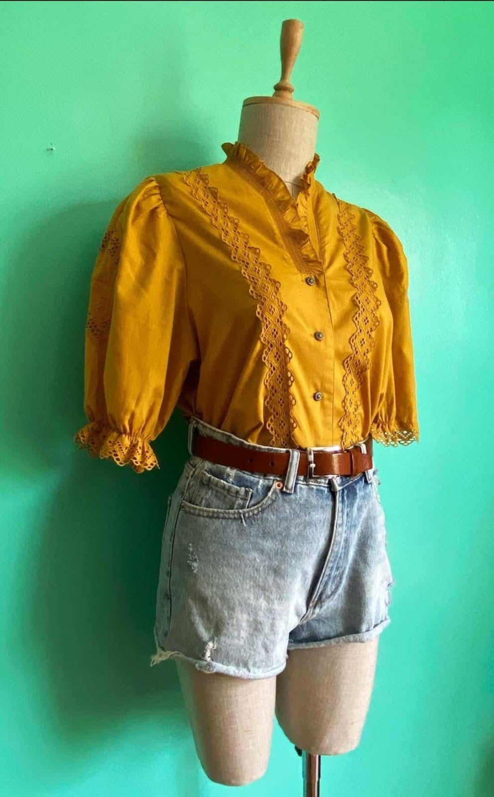 Vintage Delik İşi Hardal Cotton Gömlek