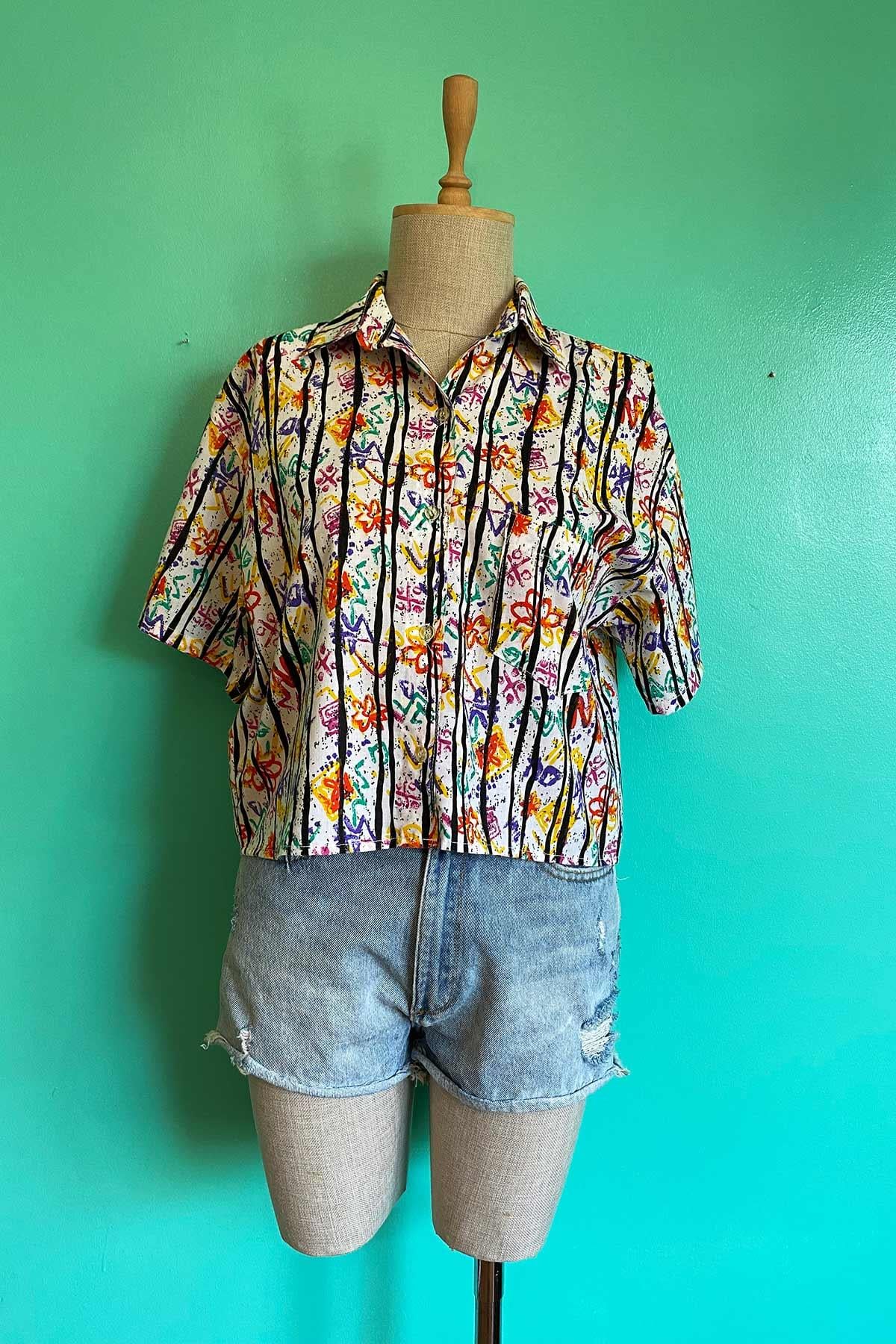 Vintage Desenli Kısa Kol Cotton Gömlek