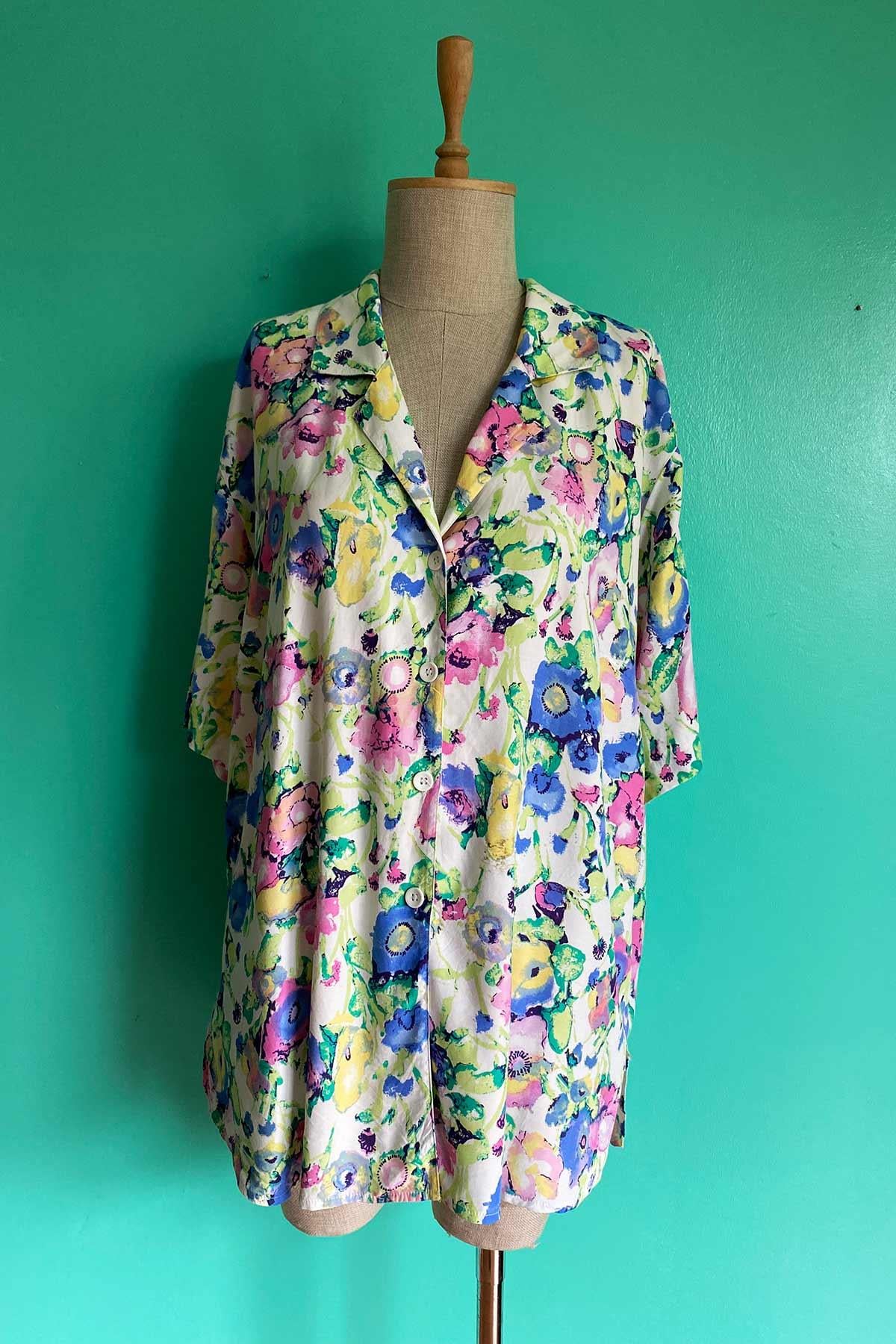 Vintage Desenli Kısa Kol Oversize Gömlek
