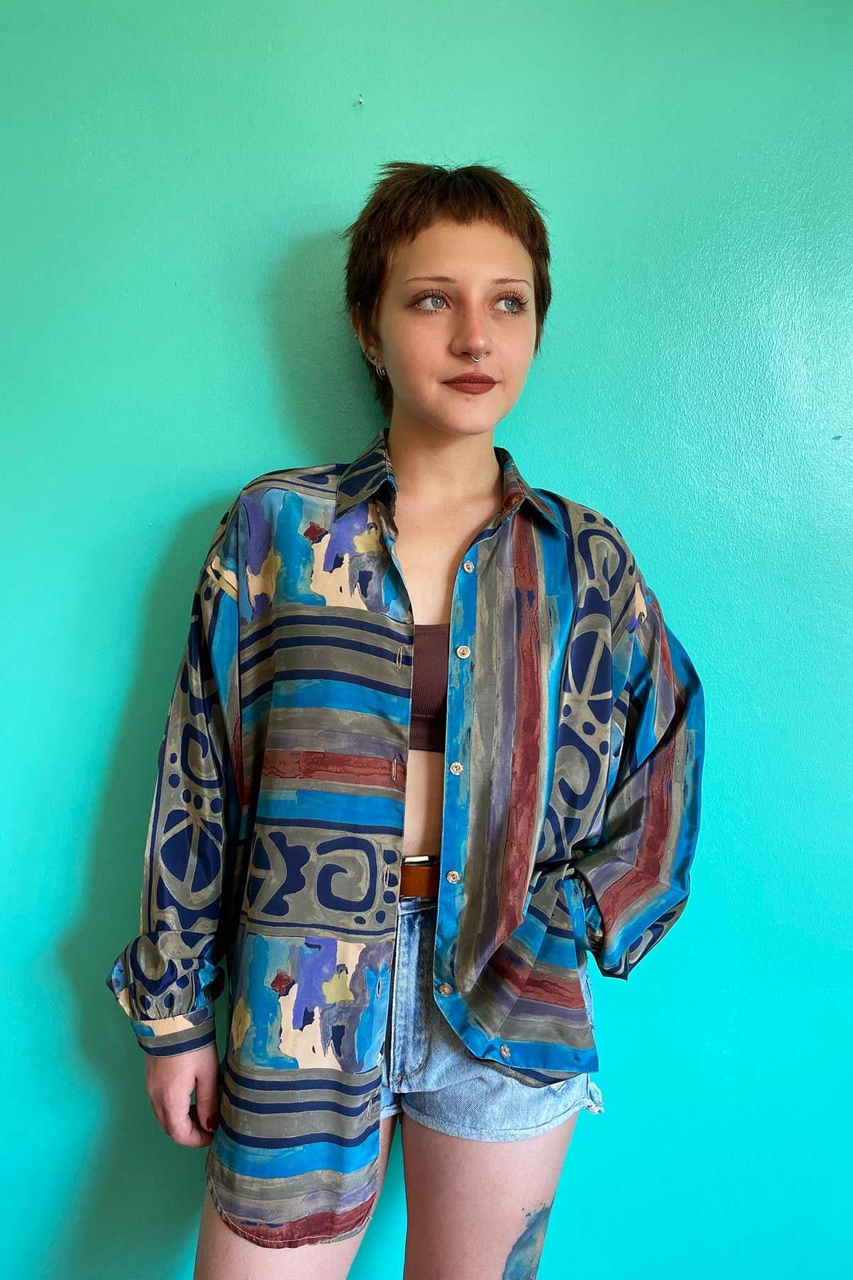 Vintage Desenli Oversize Gömlek