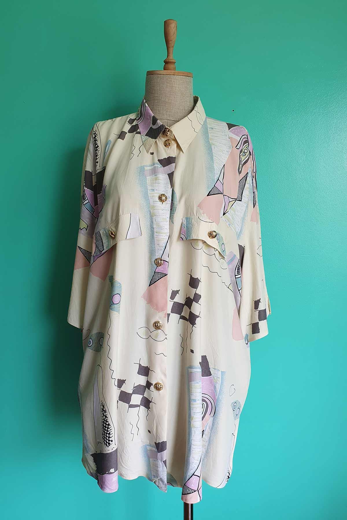 Vintage Desenli Oversize Viskon Gömlek
