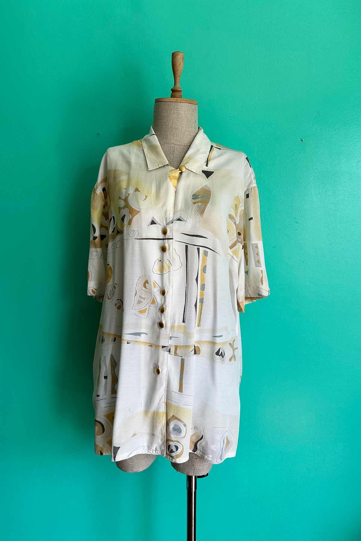 Vintage Desenli Oversize Viskon Kumaş Gömlek