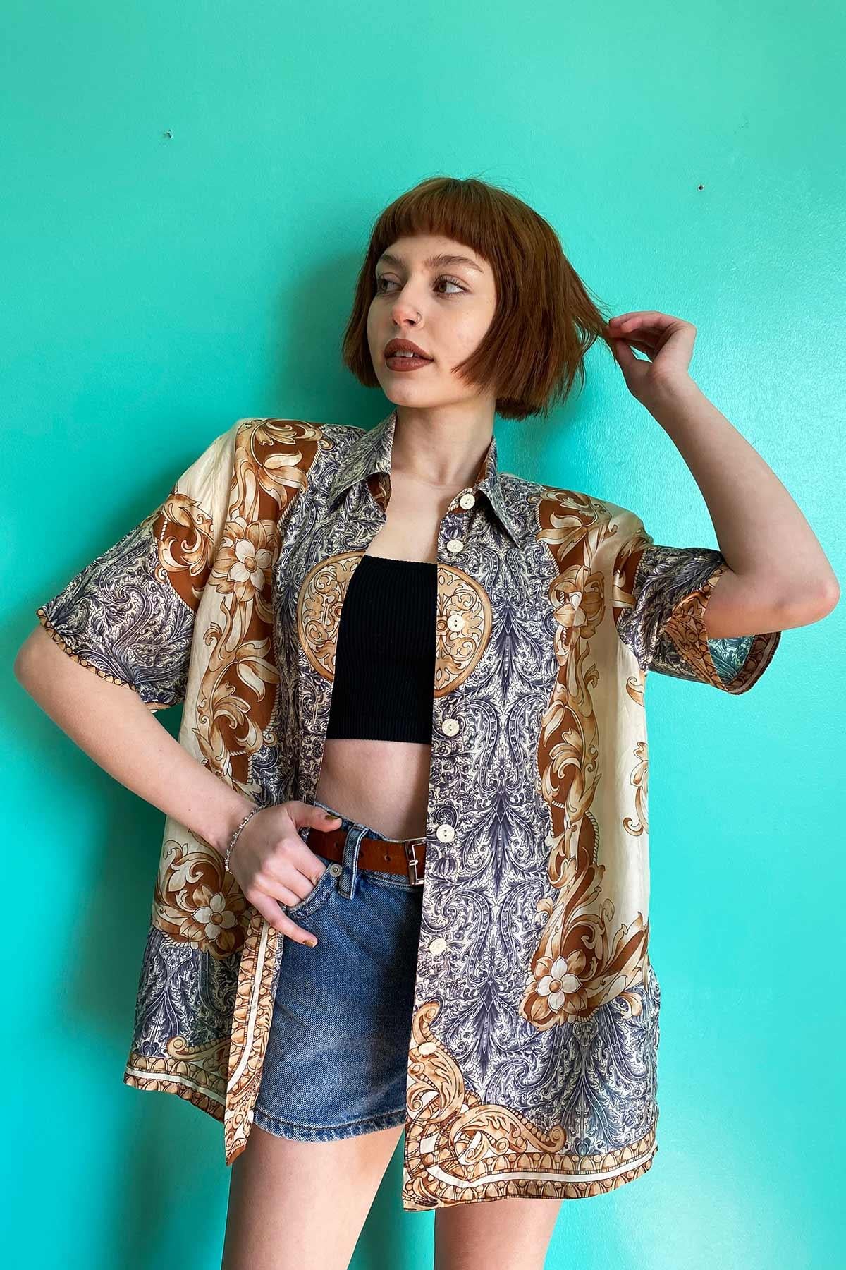 Vintage Desenli Saf İpek Gömlek