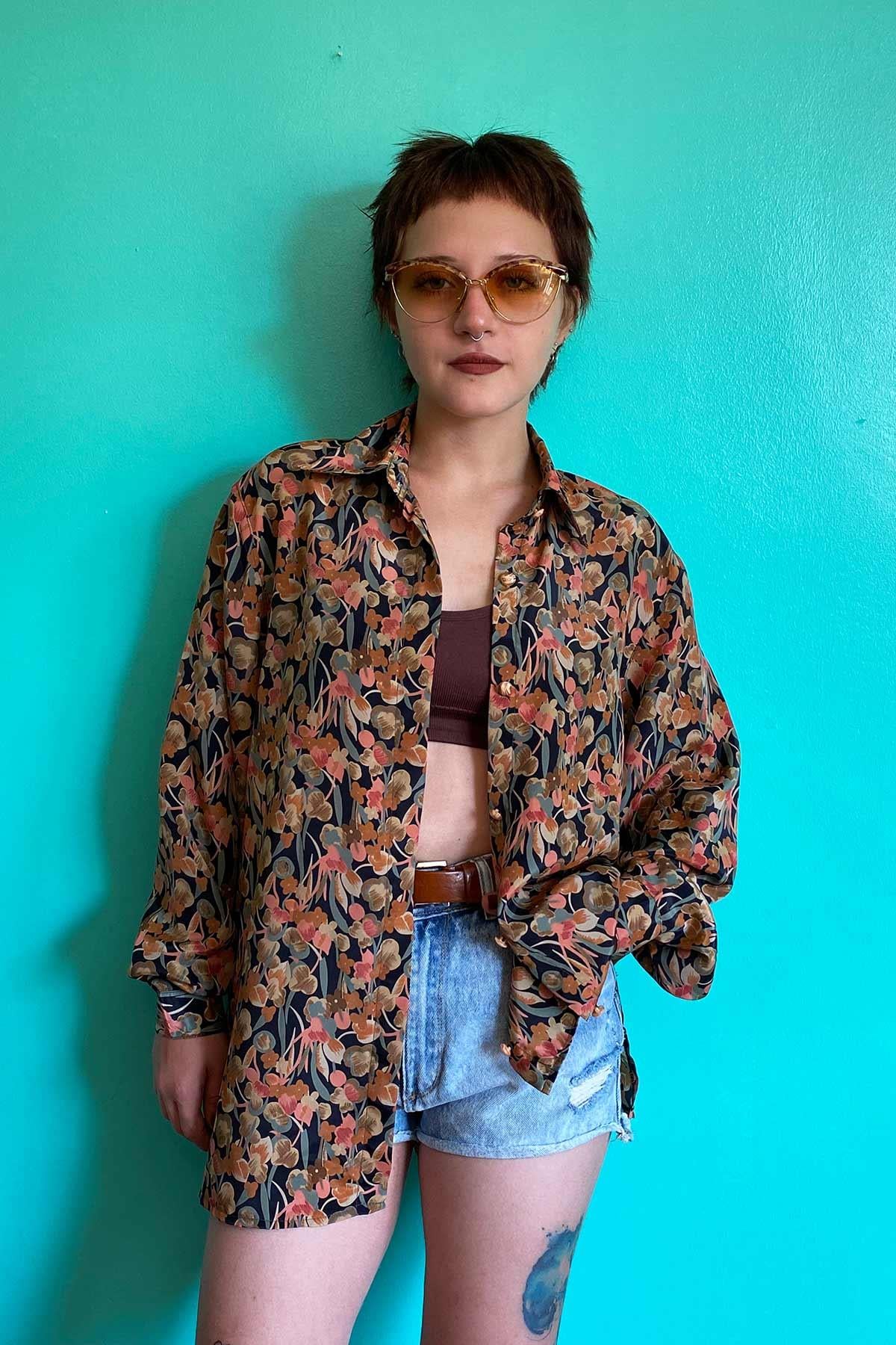 Vintage Desenli Uzun Kol Oversize Gömlek
