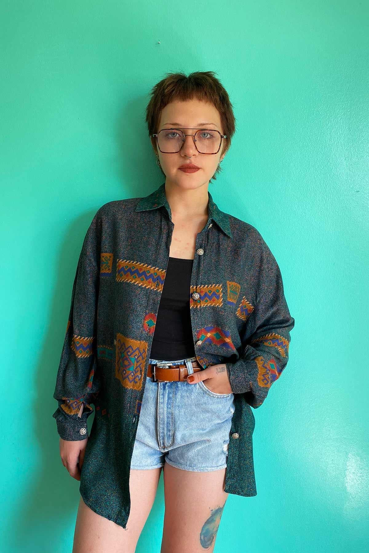 Vintage Desenli Viskon Gömlek