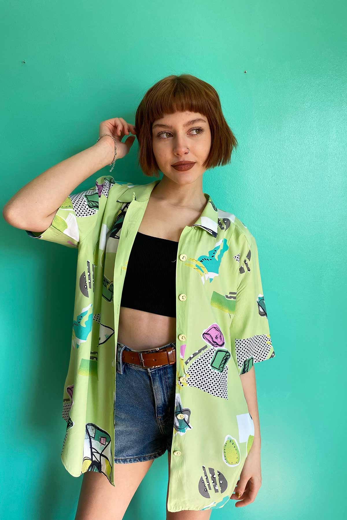 Vintage Desenli Viskon Gömlek