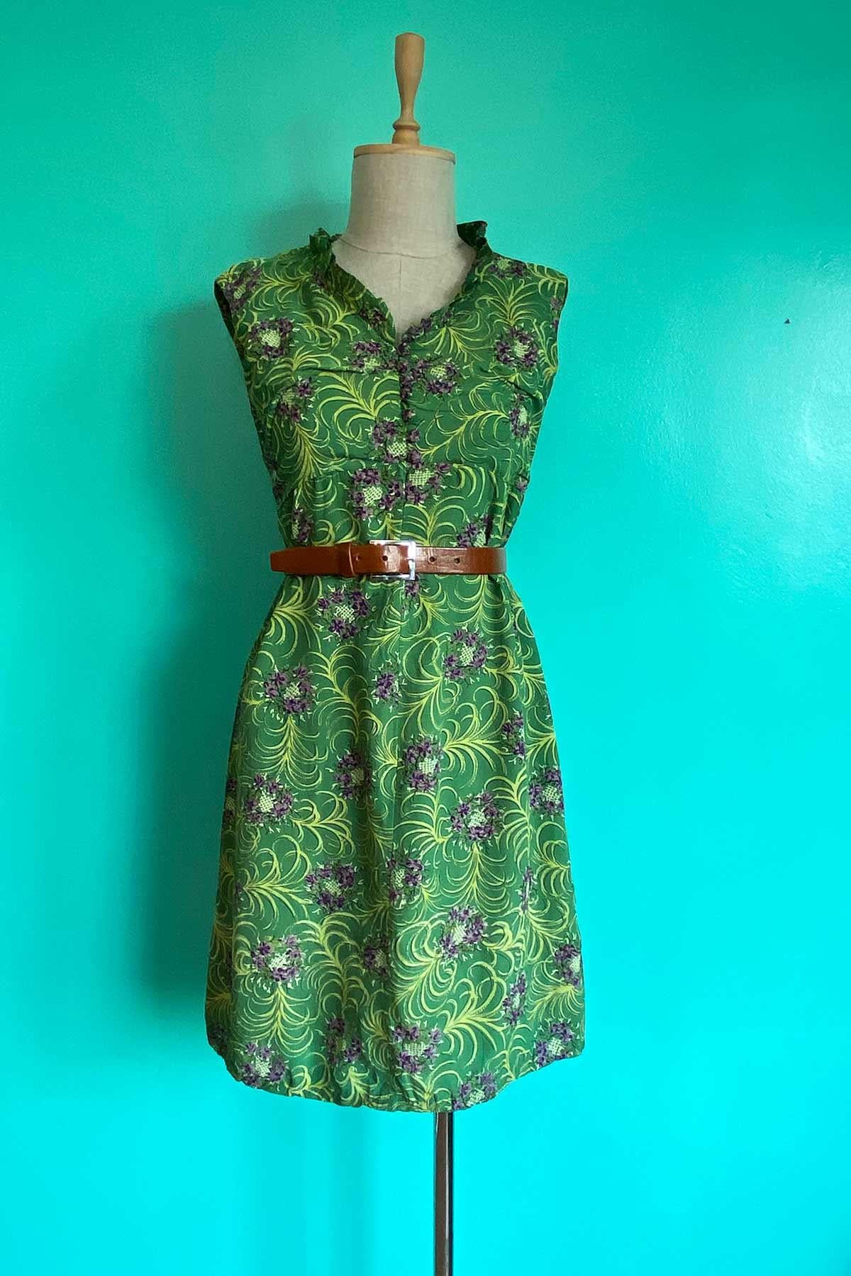 Vintage Desenli Yeşil Elbise