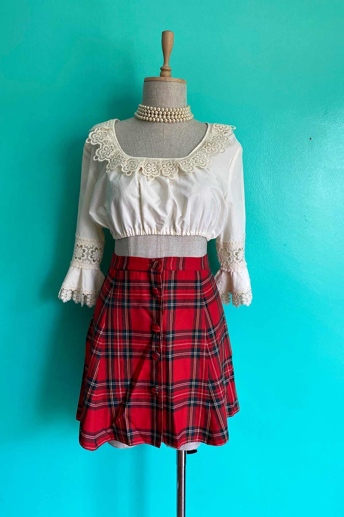 Vintage Düğmeli Ekose Etek