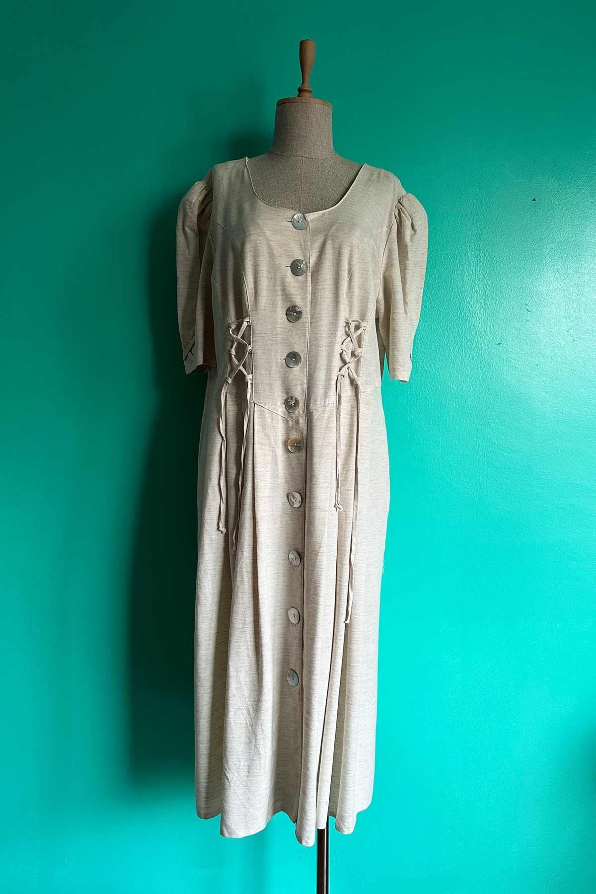 Vintage Düğmeli İp Detaylı Kırık Beyaz Elbise