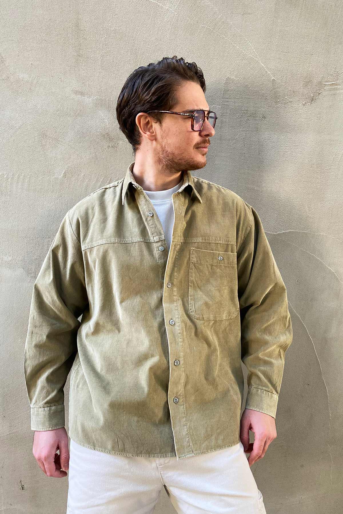 Vintage Fitilli Kadife Haki Gömlek
