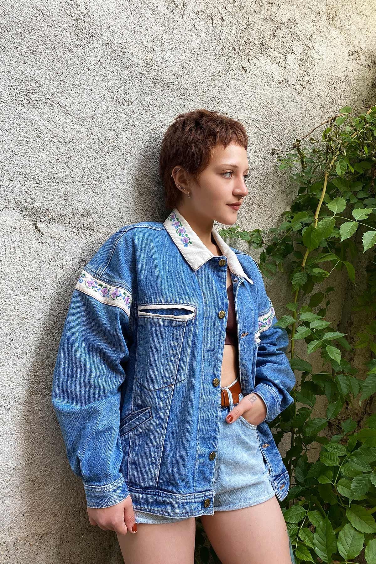 Vintage İşlemeli Bomber Kot Ceket