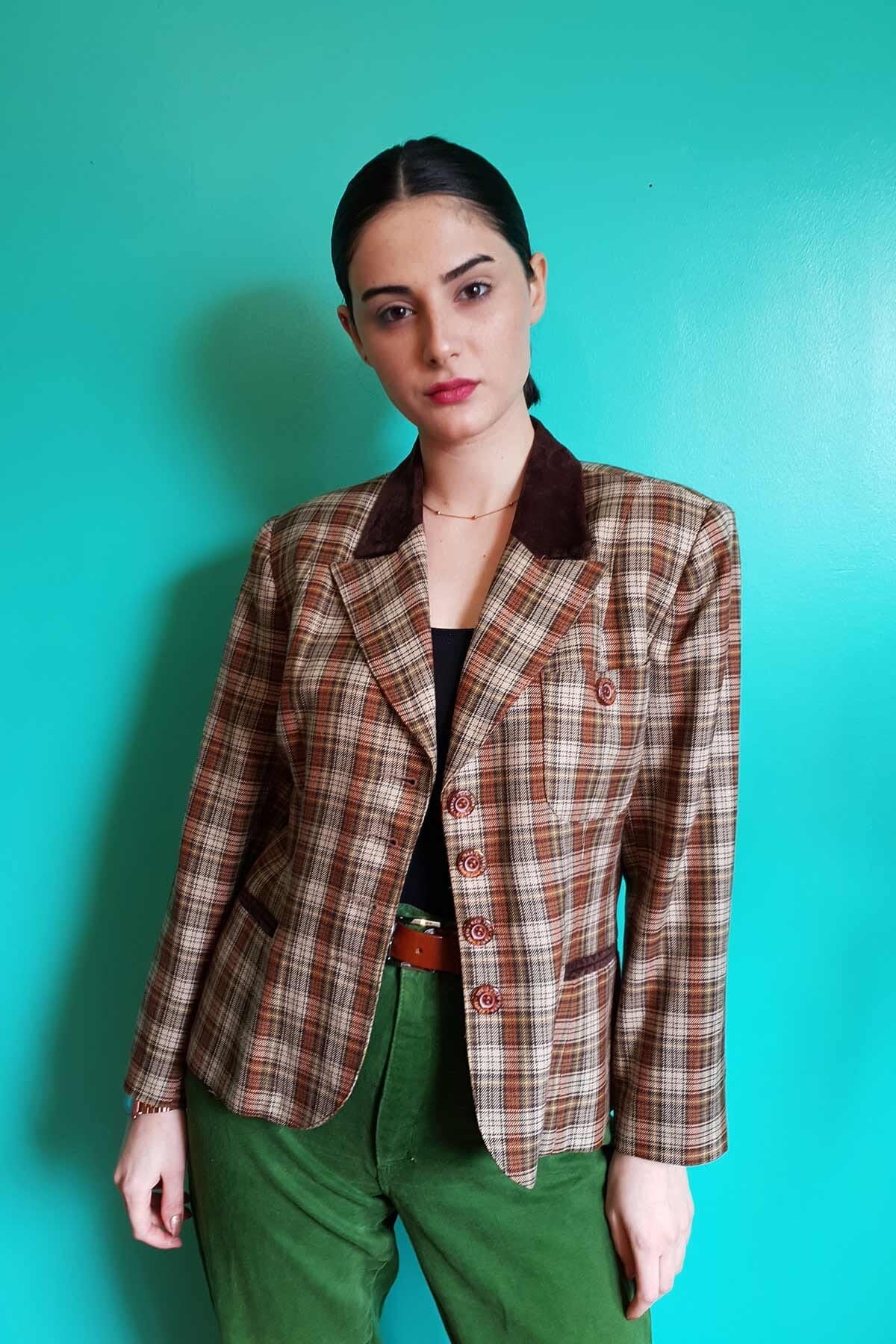 Vintage Kadife Yaka Ekose Blazer Ceket