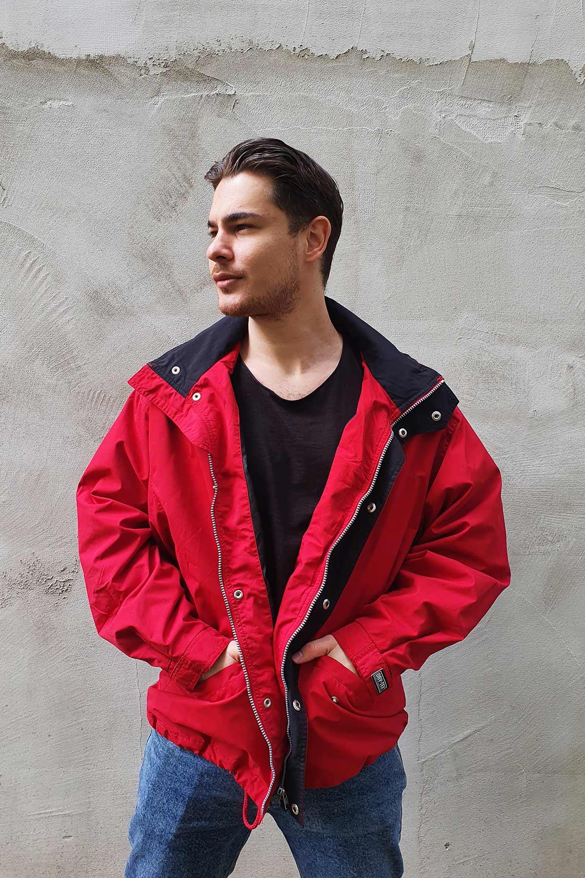 Vintage Kapşonlu Kırmızı Mevsimlik Bomber Mont