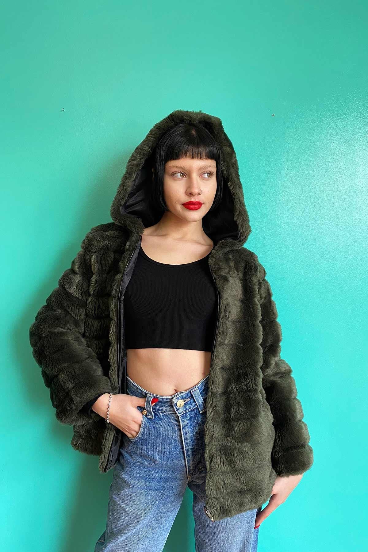 Vintage Kapüşonlu Peluş Mont